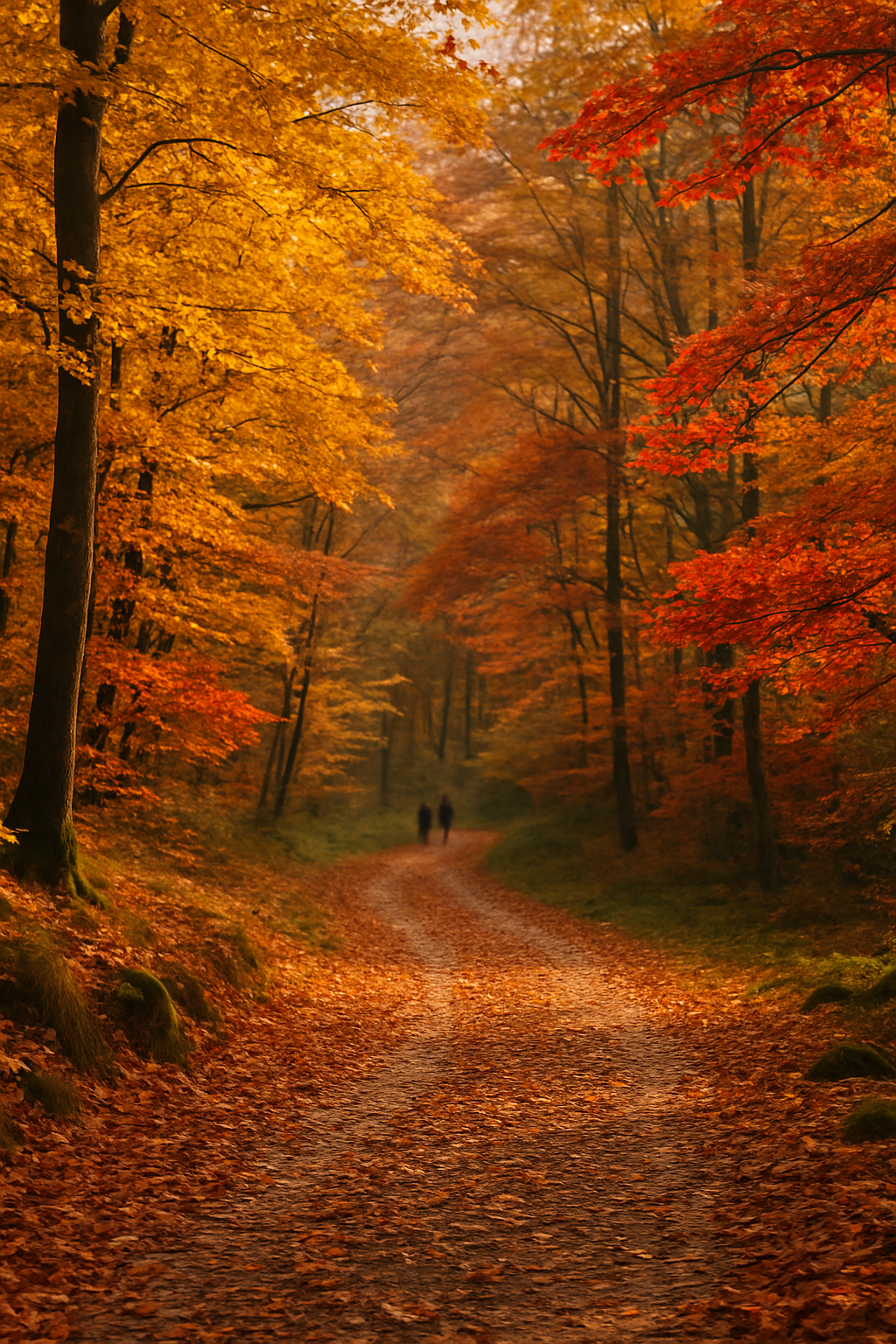 Caminho de terra em uma floresta no outono, com árvores de folhas laranja, vermelha e amarela, duas pessoas caminhando ao fundo.