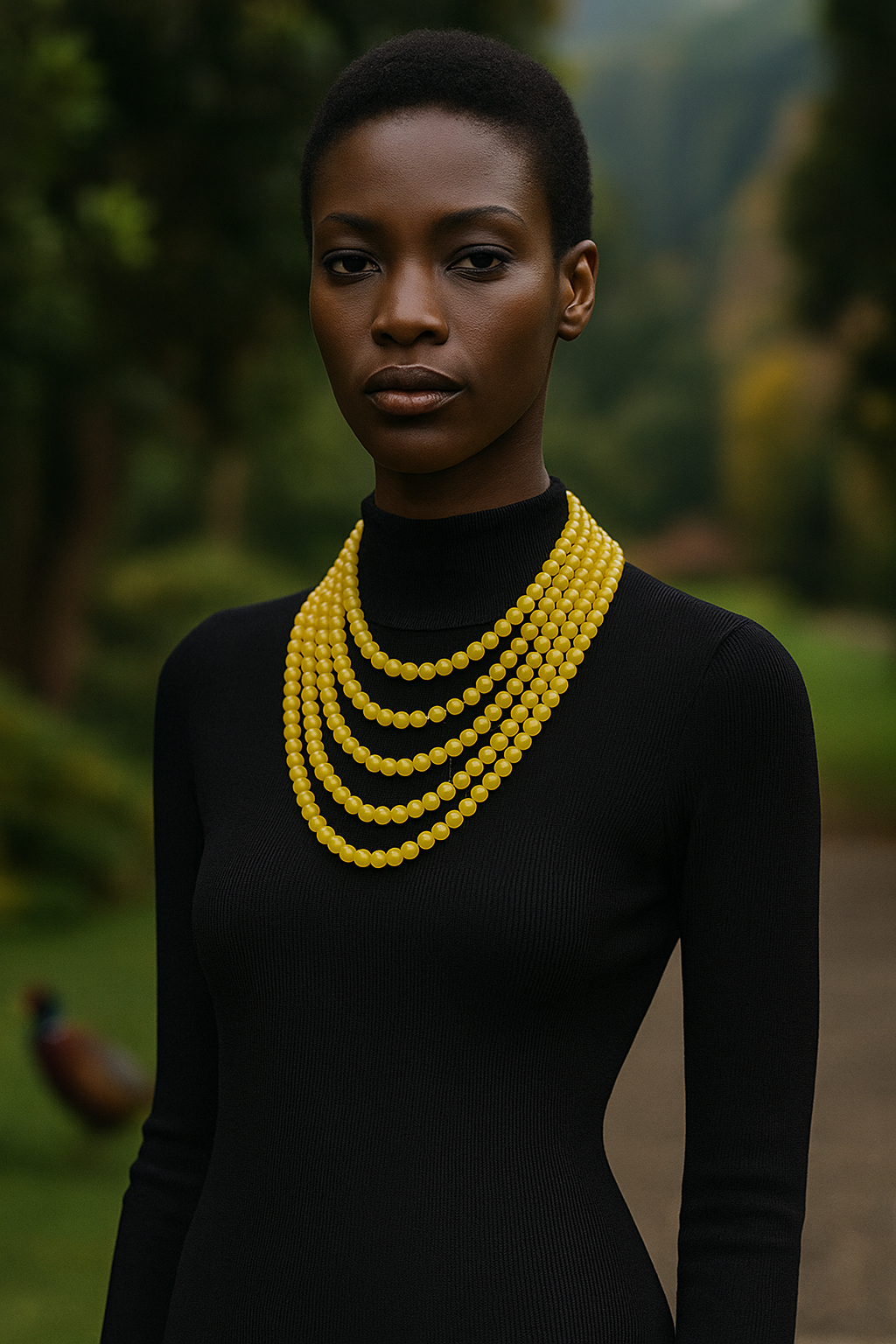 Mulher negra usando vestido preto de manga longa, com colar de bolas amarelas, ao ar livre.