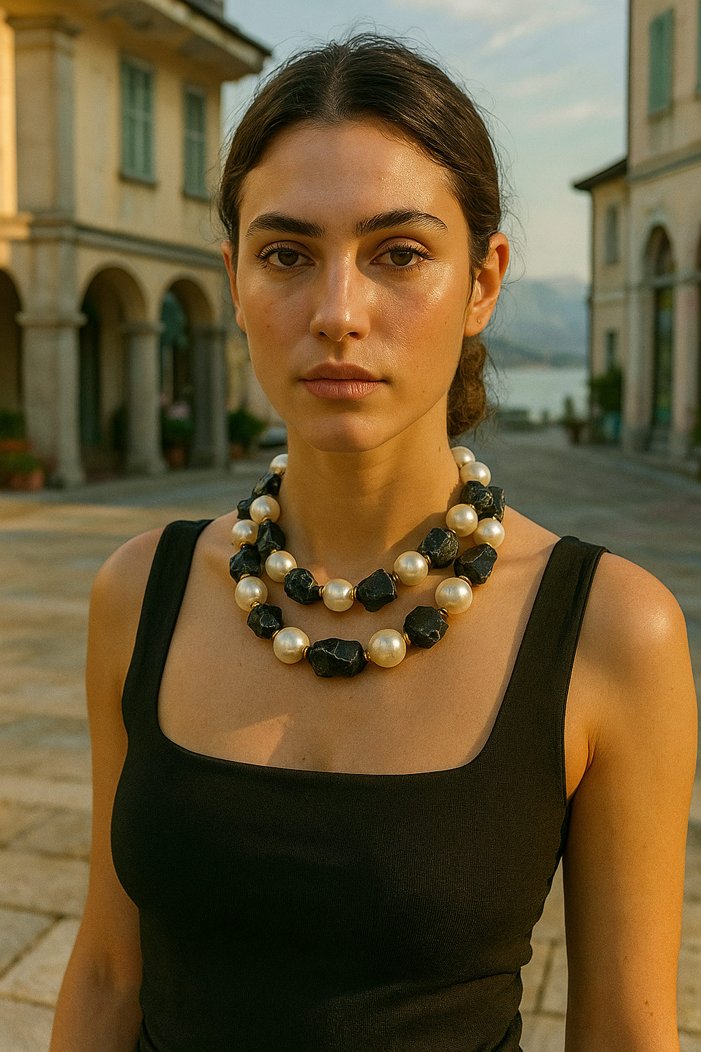 Jovem mulher com pele clara, cabelos castanhos escuros presos, usando uma blusa preta de alças finas e duas colares grandes, um de pérolas e outro de pedras negras. Background com edifícios amarelos e uma rua vazia ao entardecer.
