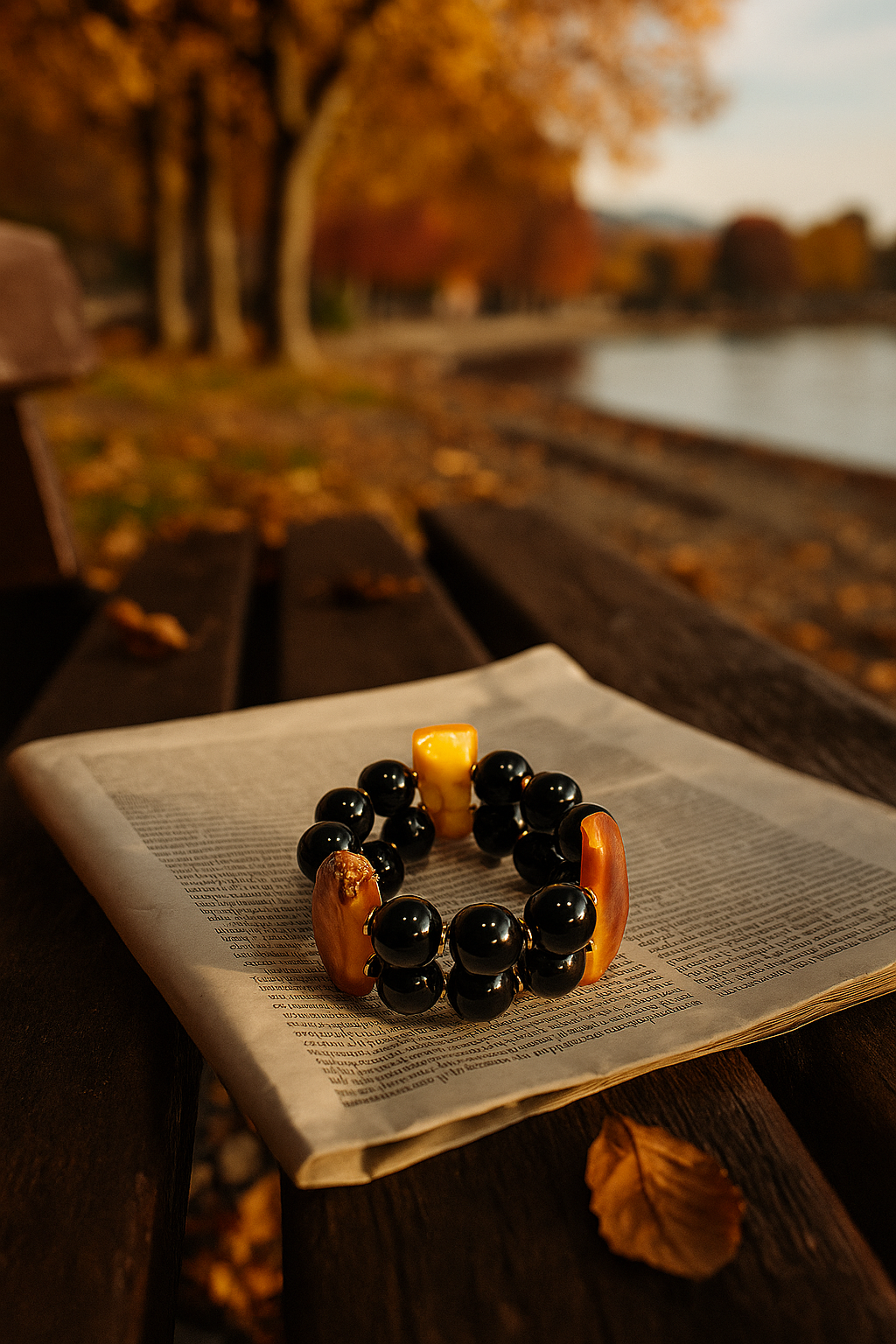 Pulseira de contas preta, com detalhes em marrom e amarelo, colocada sobre um jornal antigo em um banco de parque durante o outono, com árvores de folhas alaranjadas ao fundo