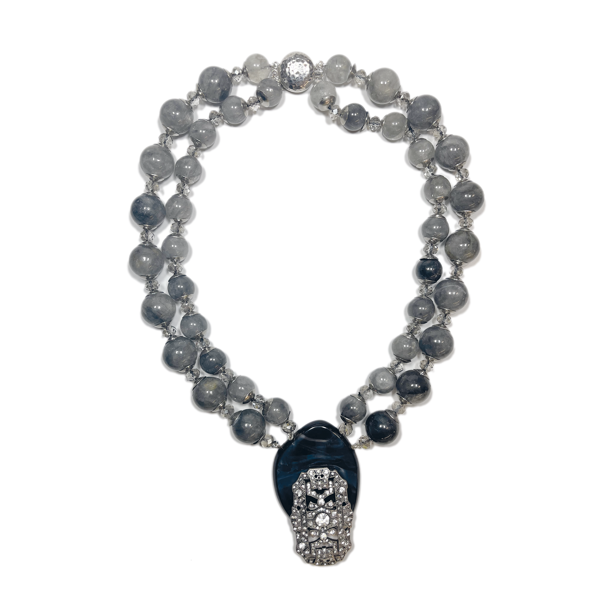 Colar Dois Fios em Quartzo Cinza com Pingente Art Deco