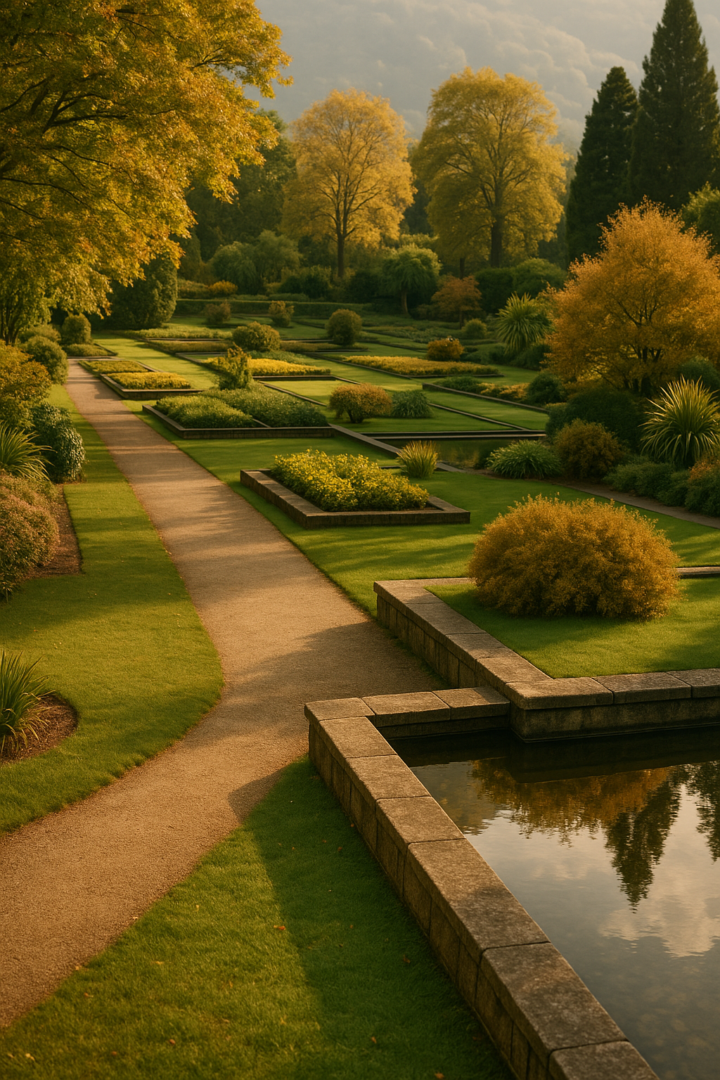 Jardim bem cuidado com caminhos de terra, flores, arbustos, árvores altas de folhas amarelas e verdes, e um espelho d'água refletindo as árvores ao fundo.