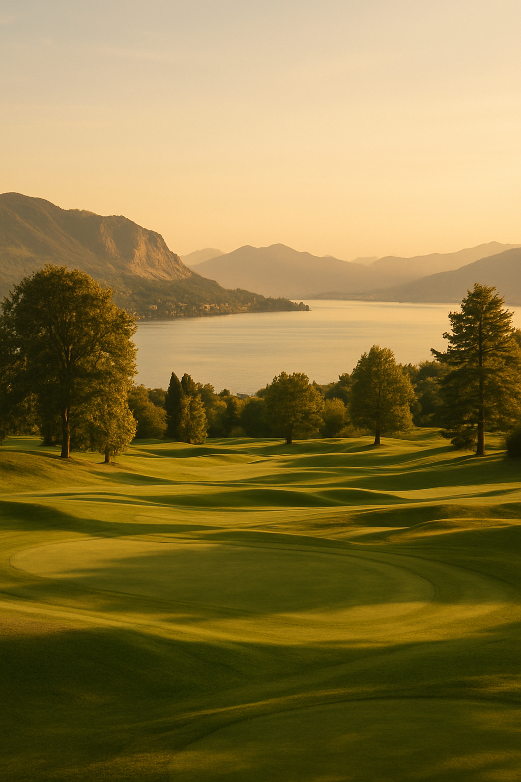 Campo de golfe sob luz dourada com árvores ao redor, vista de um lago e montanhas ao fundo
