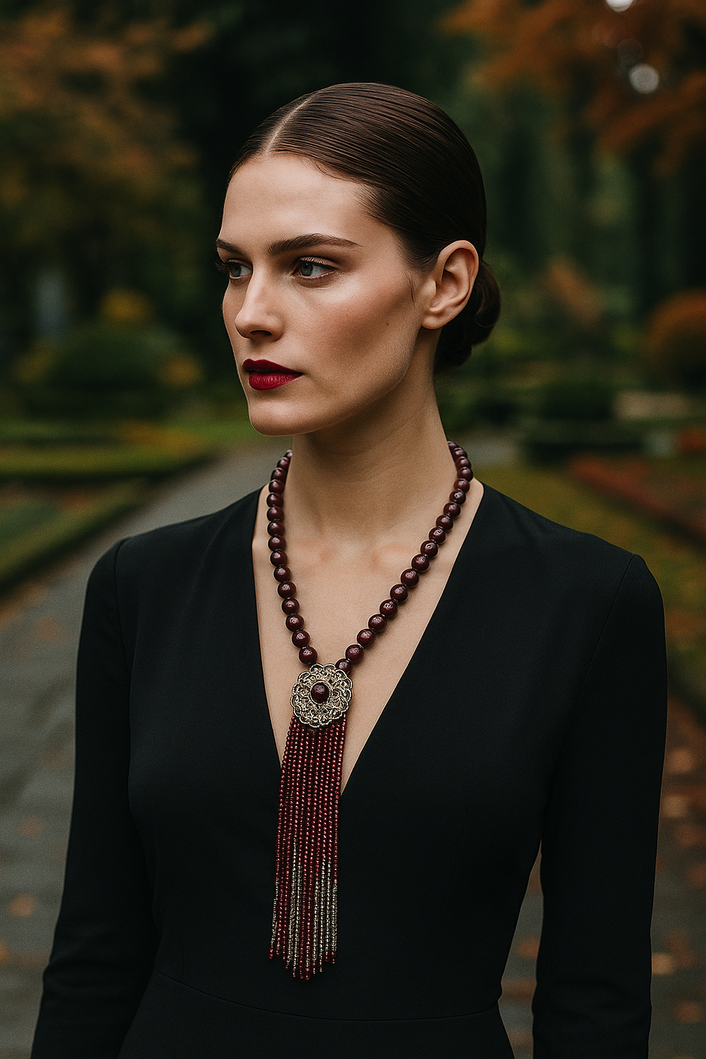 Mulher com cabelo trançado, usando vestido preto e colar longo com contas em tom vinho, com fundo de árvores e folhas outonais.