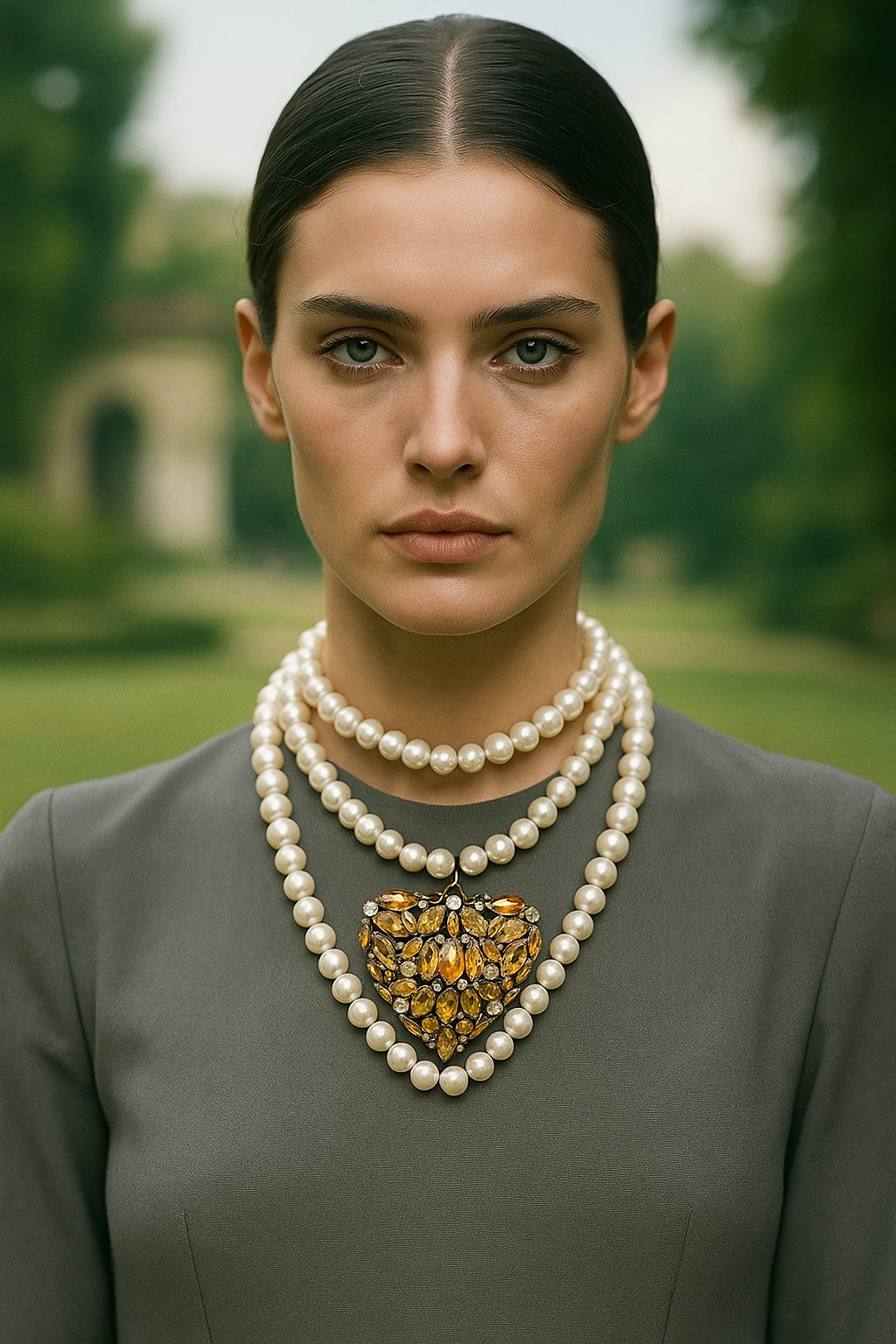 Mulher elegante com cabelo escuro preso, usando vários colares de pérolas e uma pulseira. Ela está ao ar livre, com fundo desfocado de árvores verdes.