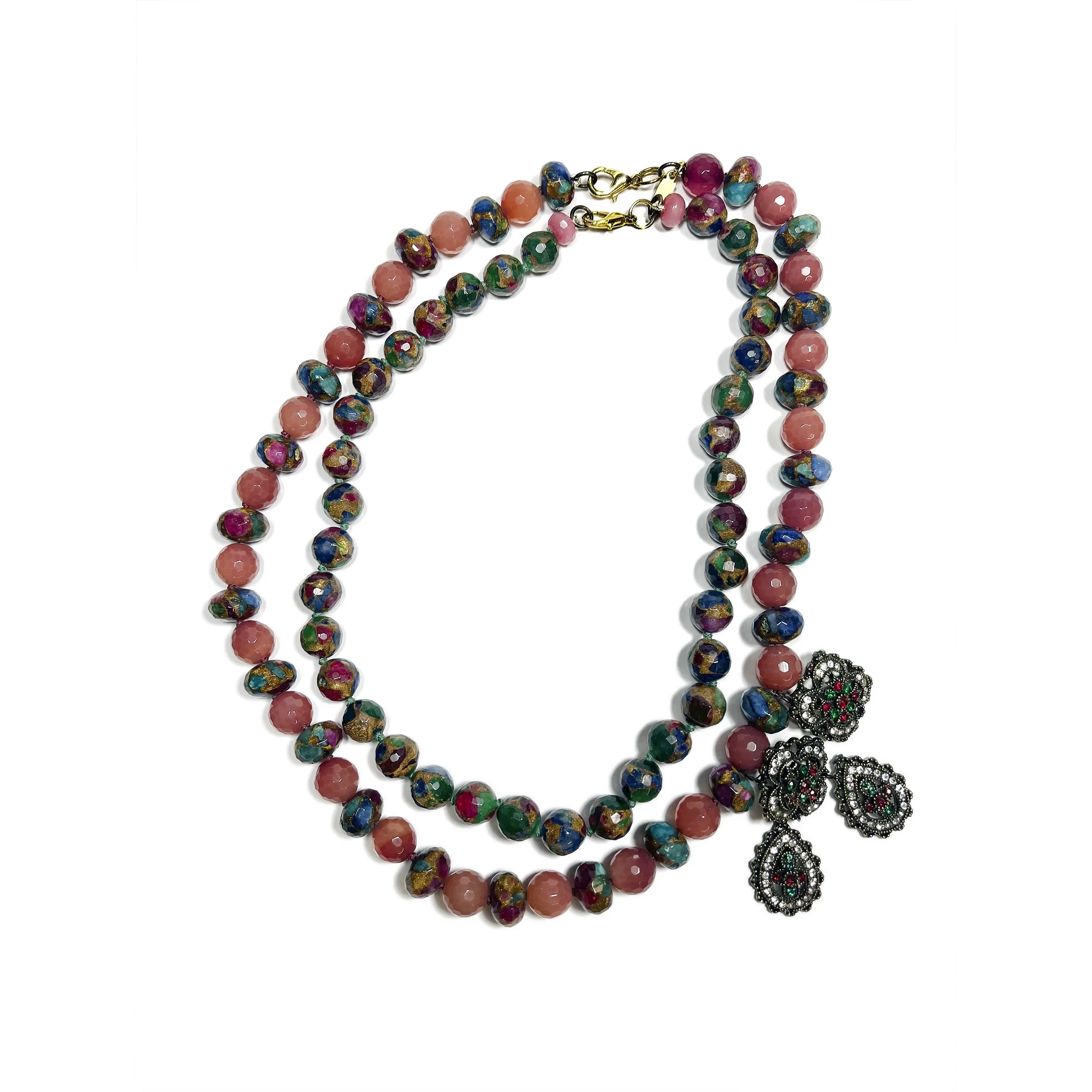 Conjunto Deslumbrante em Ágata Rosa e Jade Arco-Íris