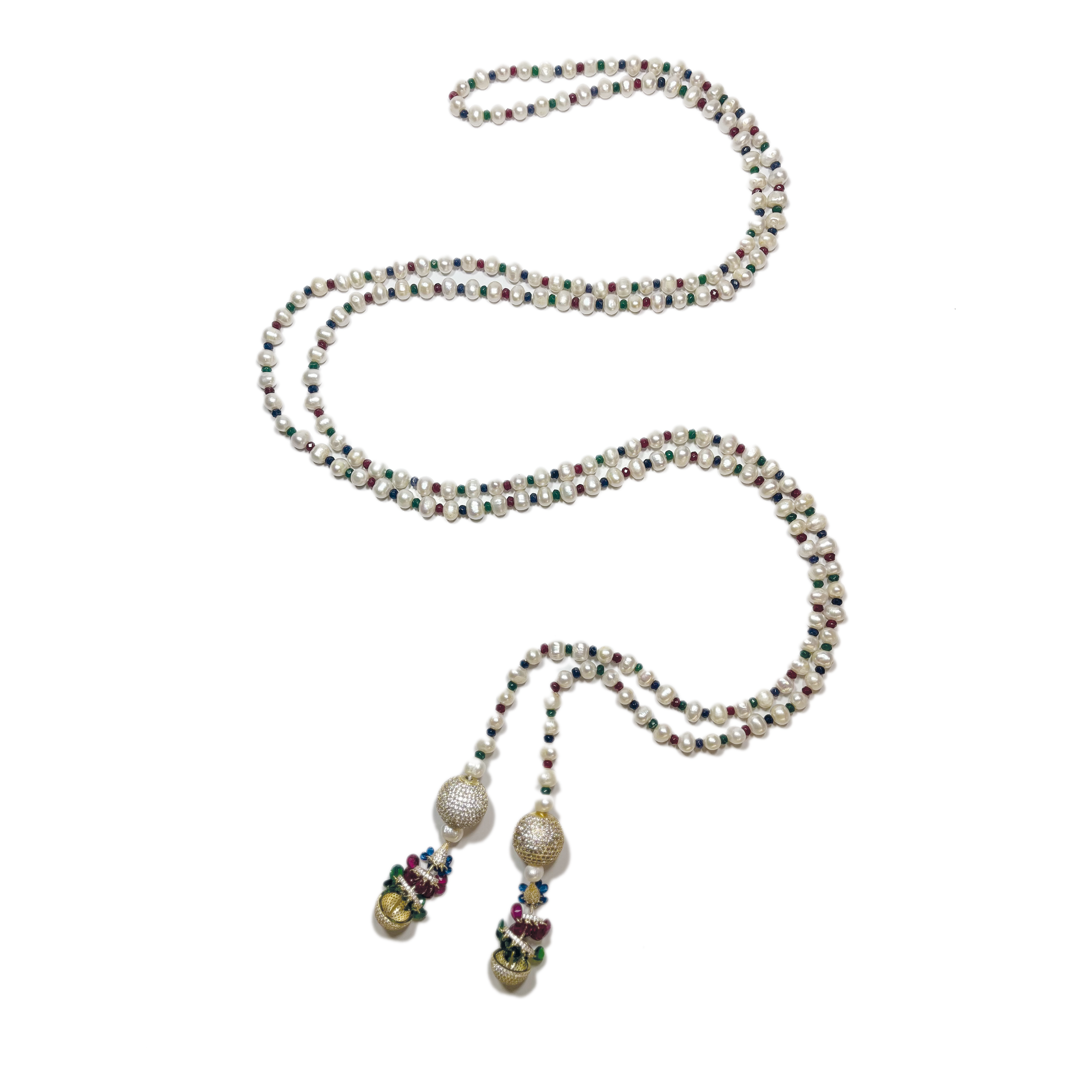 Sautoir Longo Elegance em Pérolas e Pedras Coloridas
