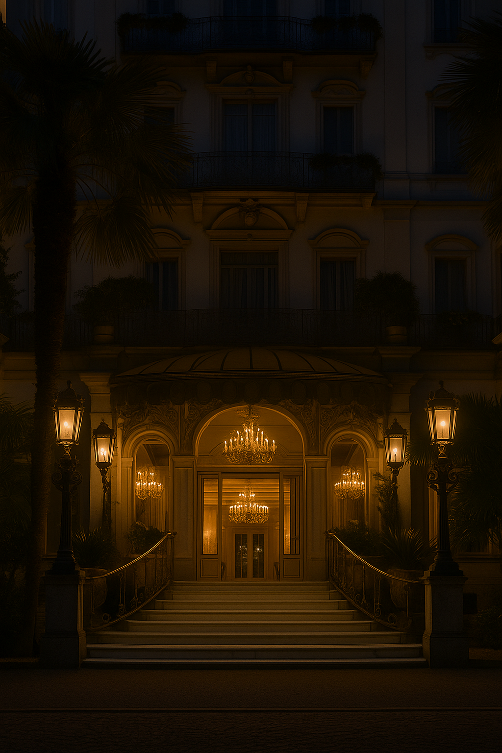 Entrada de um hotel de luxo, iluminada por chandeliers e lampiões antigos, com escadarias e portas elegantes, rodeada de árvores e plantas.