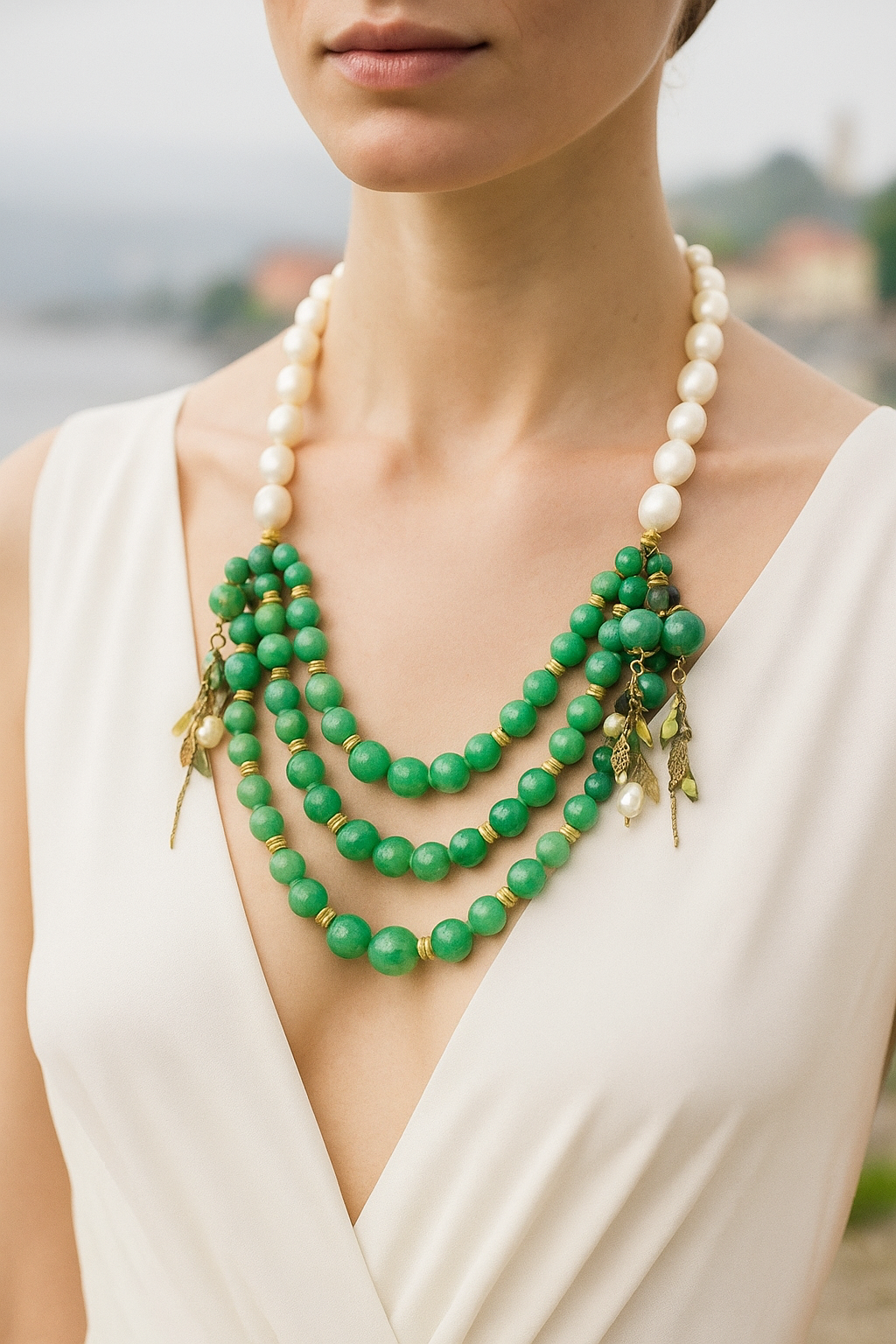 Mulher usando um colar de pérolas brancas e várias correntes de contas verdes e detalhes dourados, vestindo vestido branco de tecido exótico, ao ar livre.