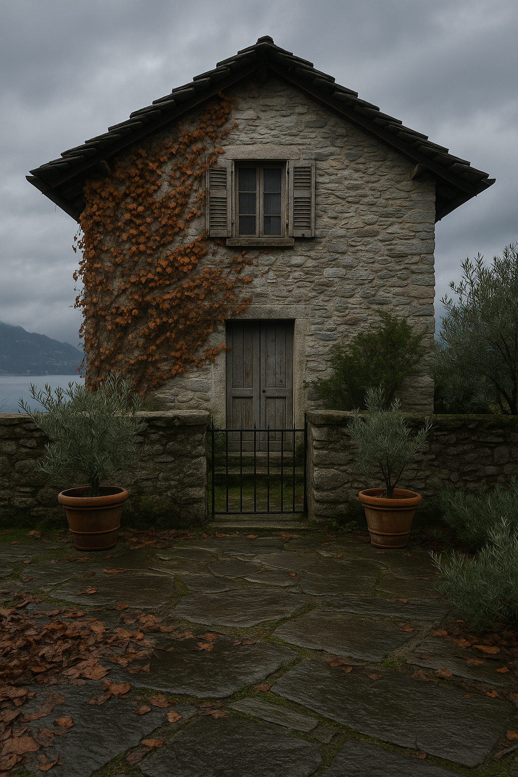 Casa de alvenaria com janelas de madeira, porta na frente, cerca de ferro e vasos de plantas na frente, sob céu nublado.