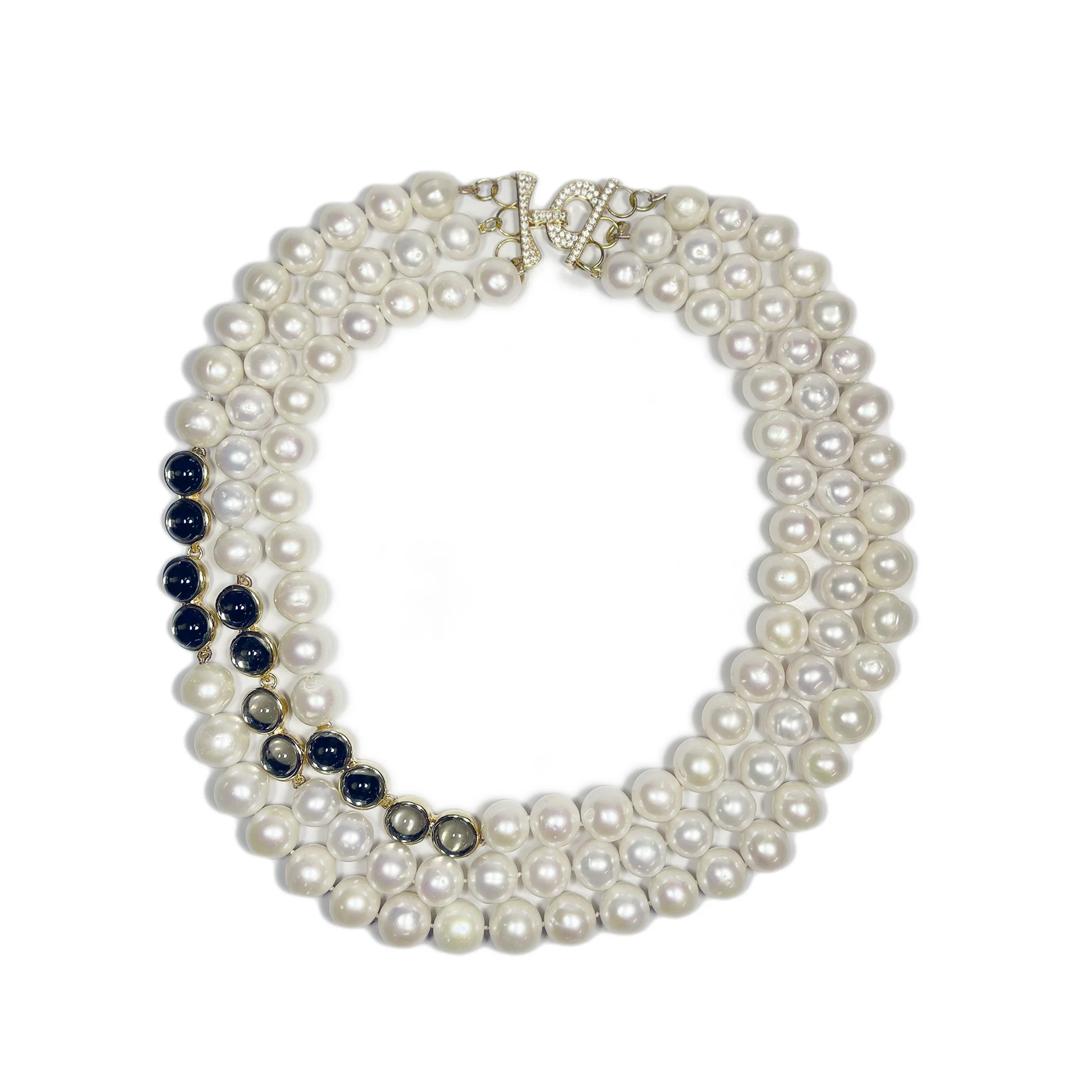 Colar Trio Elegante de Pérolas e Quartzo Fumê