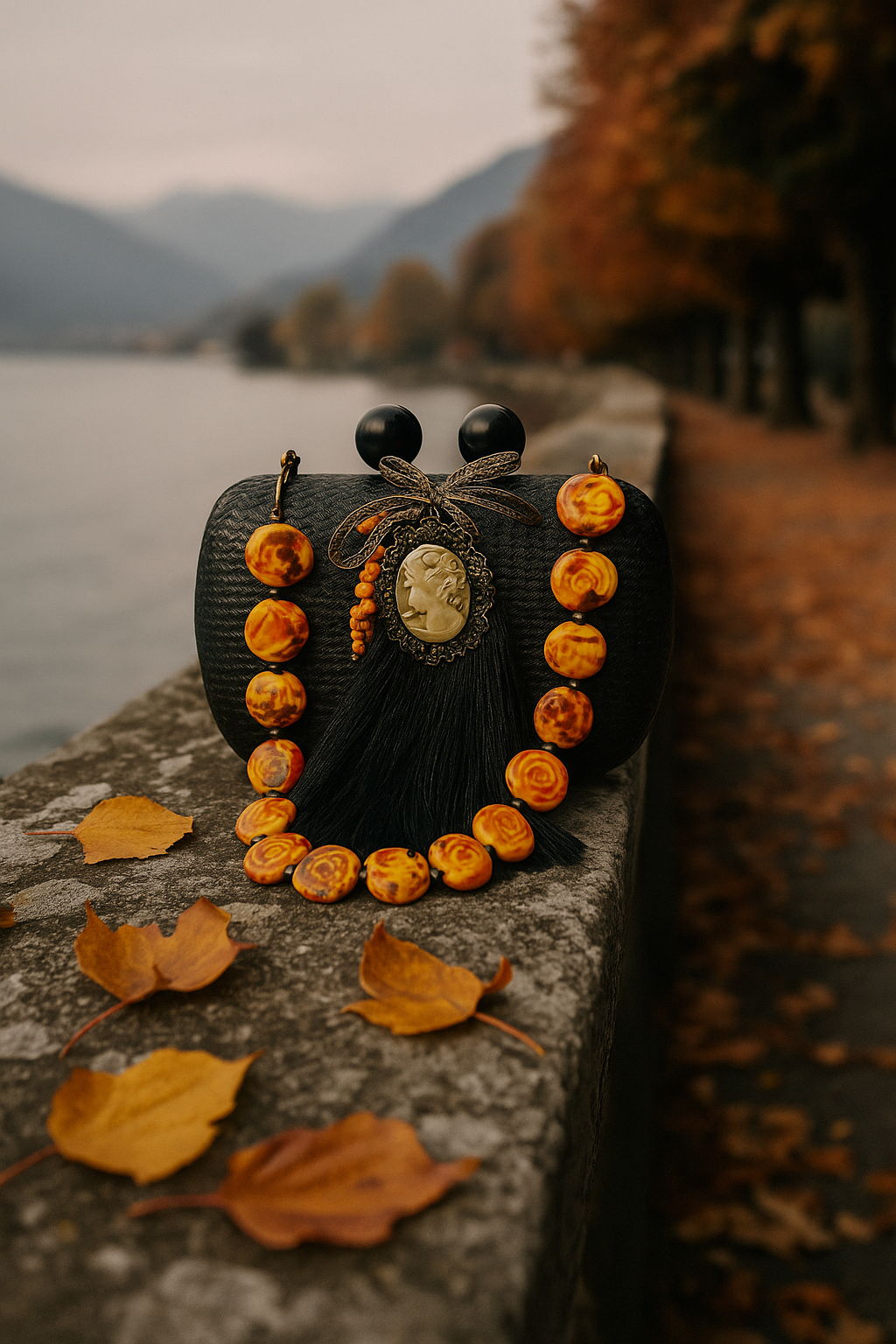Colar de pedras amarelas, joia com relevo em perfil de mulher, e acessórios artesanais, apoiados em uma pedra na beira de um rio com árvores de outono ao fundo.