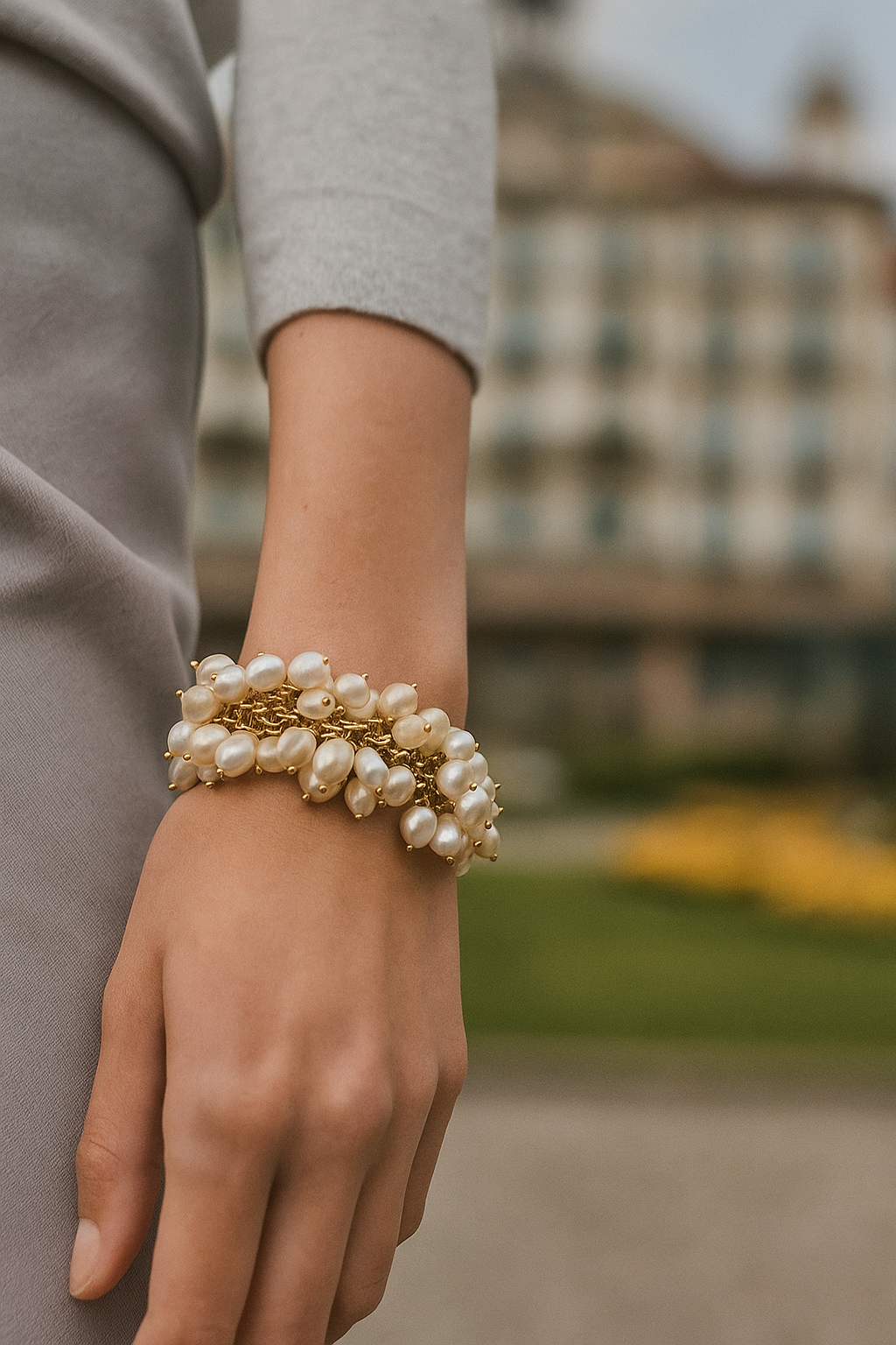 Mão feminina vestindo uma pulseira de pérolas com detalhes em dourado, com fundo de prédio e céu ao ar livre.