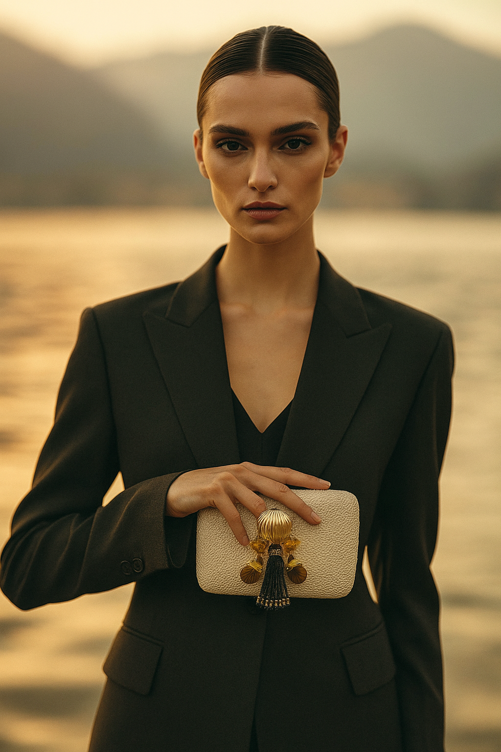 Mulher de tóc escuro, cabelo preso, vestindo blazer preto, segurando uma clutch branca com detalhe de tassel dourado e pedras douradas, ao pôr do sol perto de um corpo de água.