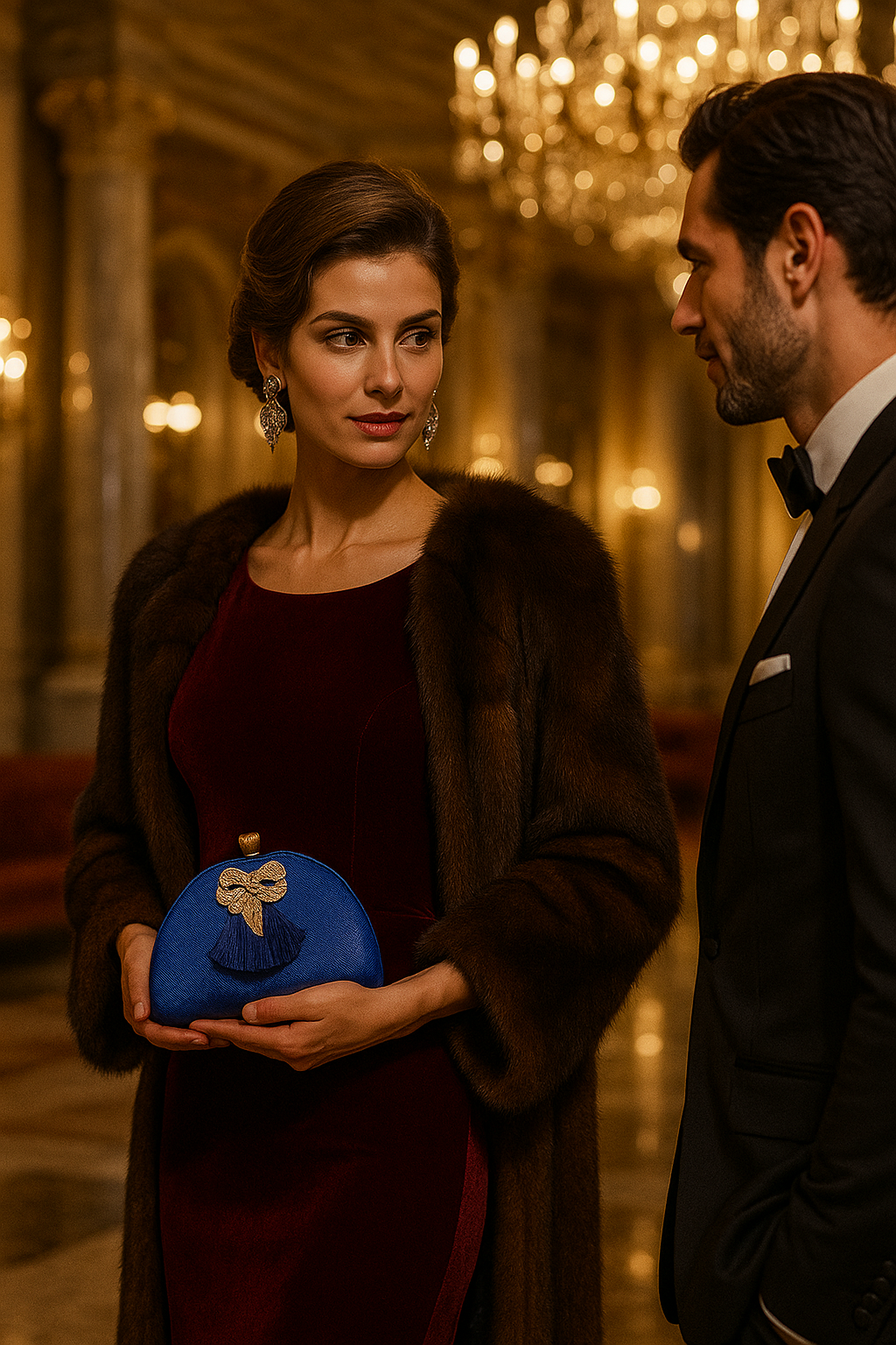 Mulher elegante segurando uma bolsa azul, vestida com vestido vermelho e casaco de pelo, conversando com homem de smoking em ambiente sofisticado com iluminação de lustres.