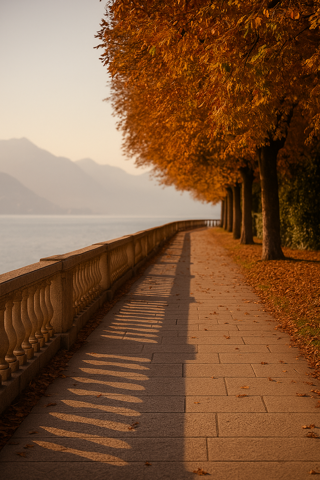 Caminho à beira de um lago ou rio com árvores de folhas de outono douradas ao lado, e sombras das grades de proteção projetadas na calçada