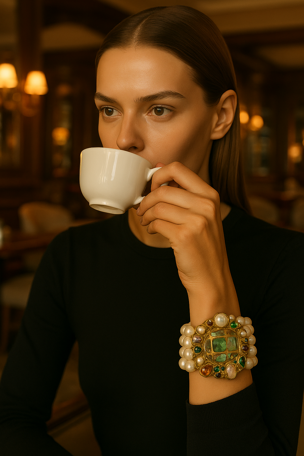 Mulher jovem com pele clara e cabelo castanho liso, usando blusa preta, tomando café em uma xícara branca em um ambiente acolhedor com iluminação quente e decoração de estilo clássico.