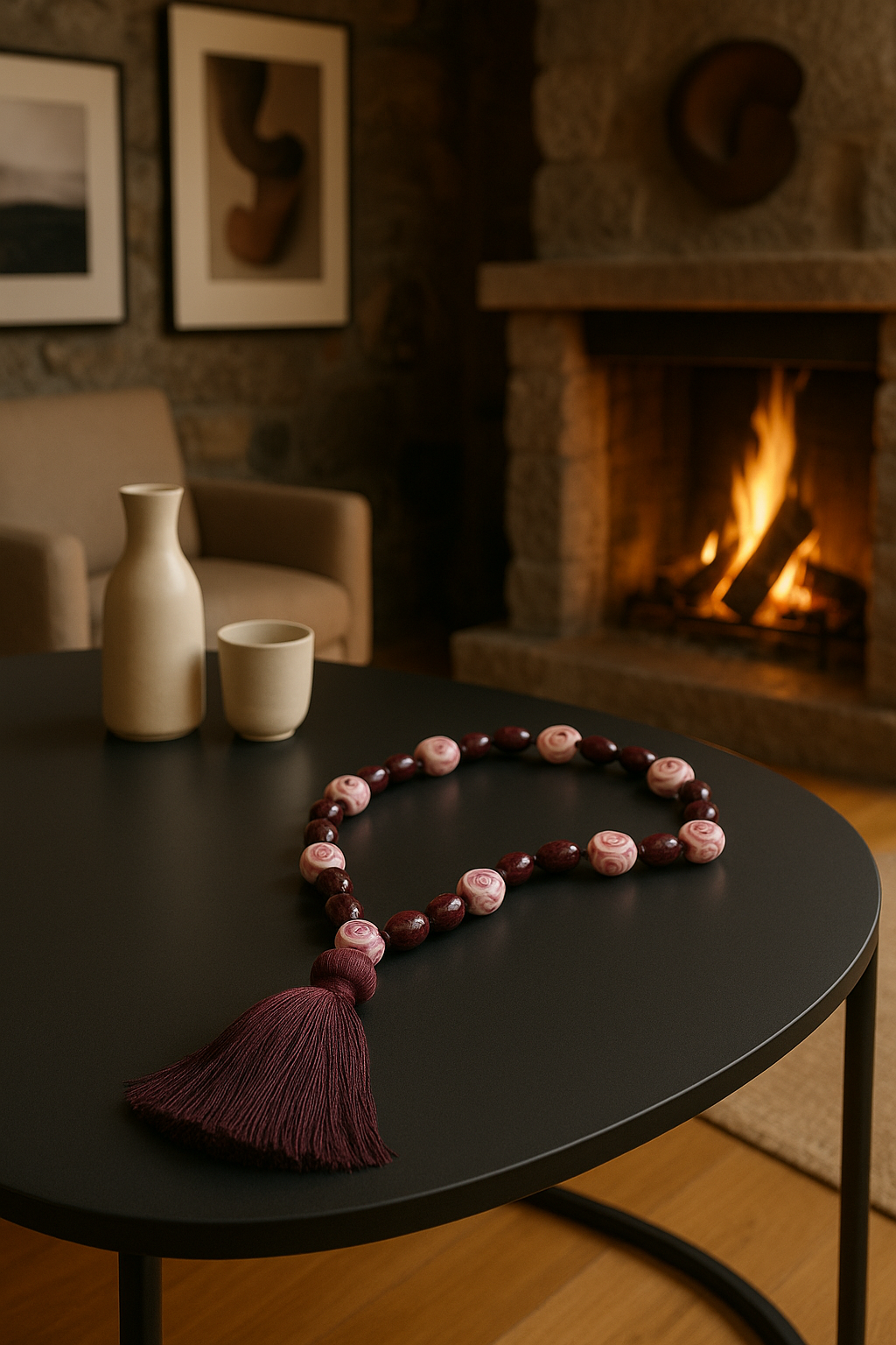 Colar de contas rosa e marrom com tassel na mesa de madeira em uma sala com lareira acesa e obras de arte nas paredes.