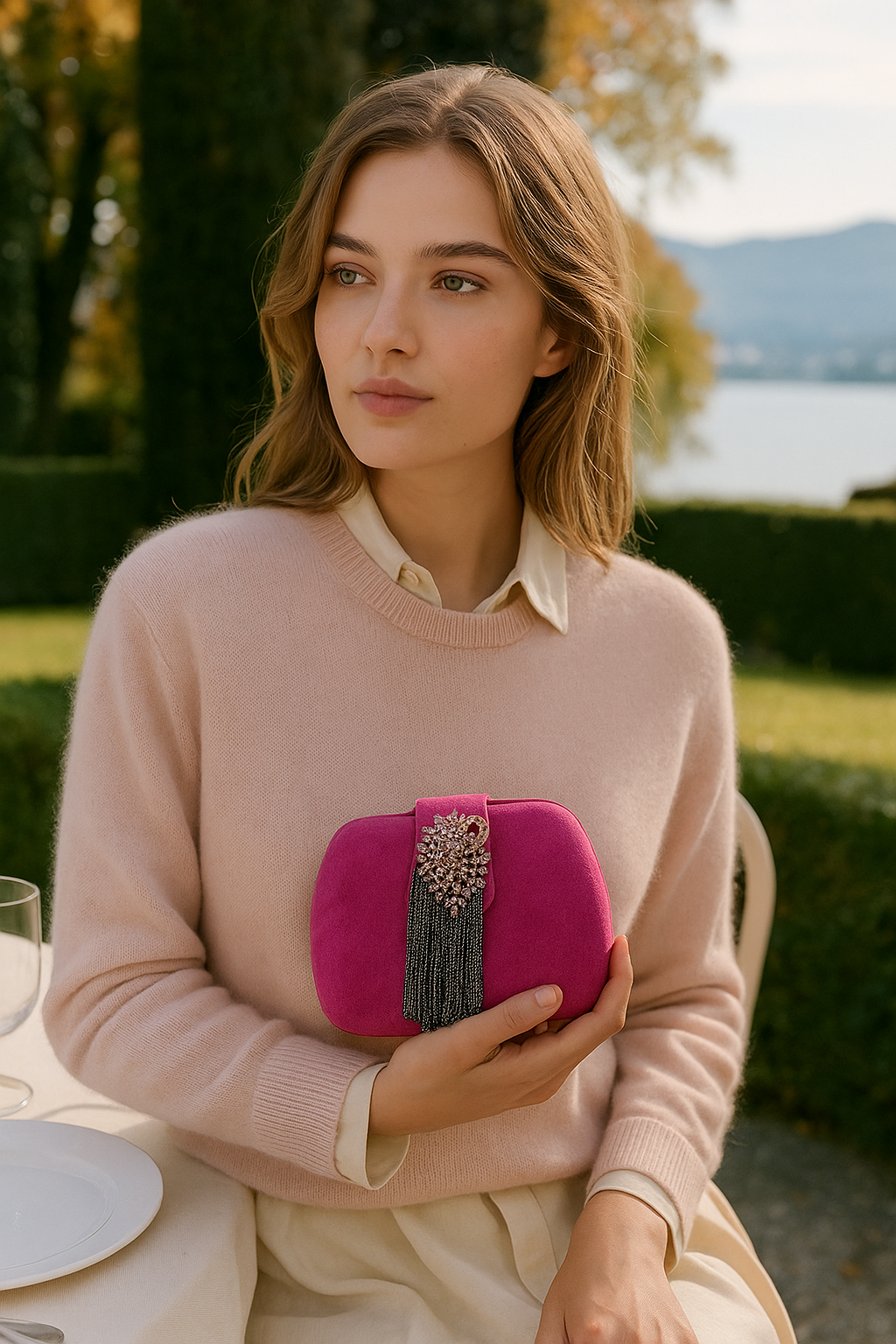 Mulher com cabelo castanho claro, usando suéter rosa claro e camisa off-white, segurando uma bolsa rosa com detalhe de broche brilhante e franjas pretas, sentada ao ar livre em ambiente com árvores e vista para o lago.
