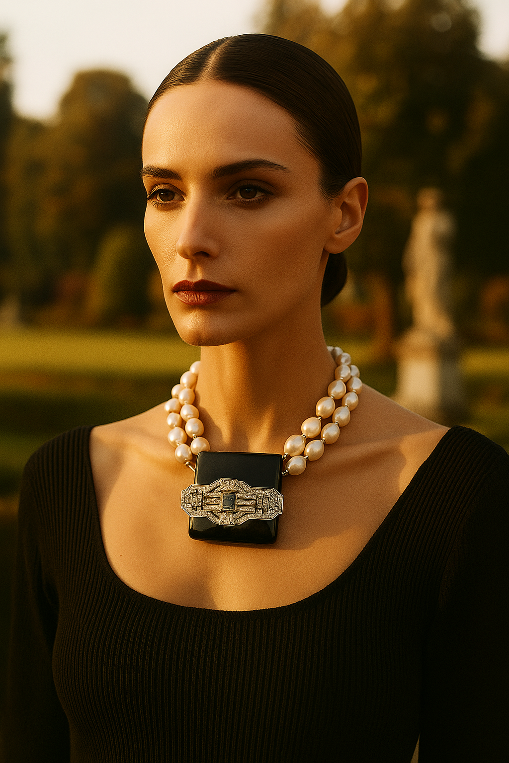 Mulher usando um colar de pérolas com um grande pingente preto com detalhes em prata e pedras, vestindo um vestido preto de manga longa, ao ar livre durante o pôr do sol.