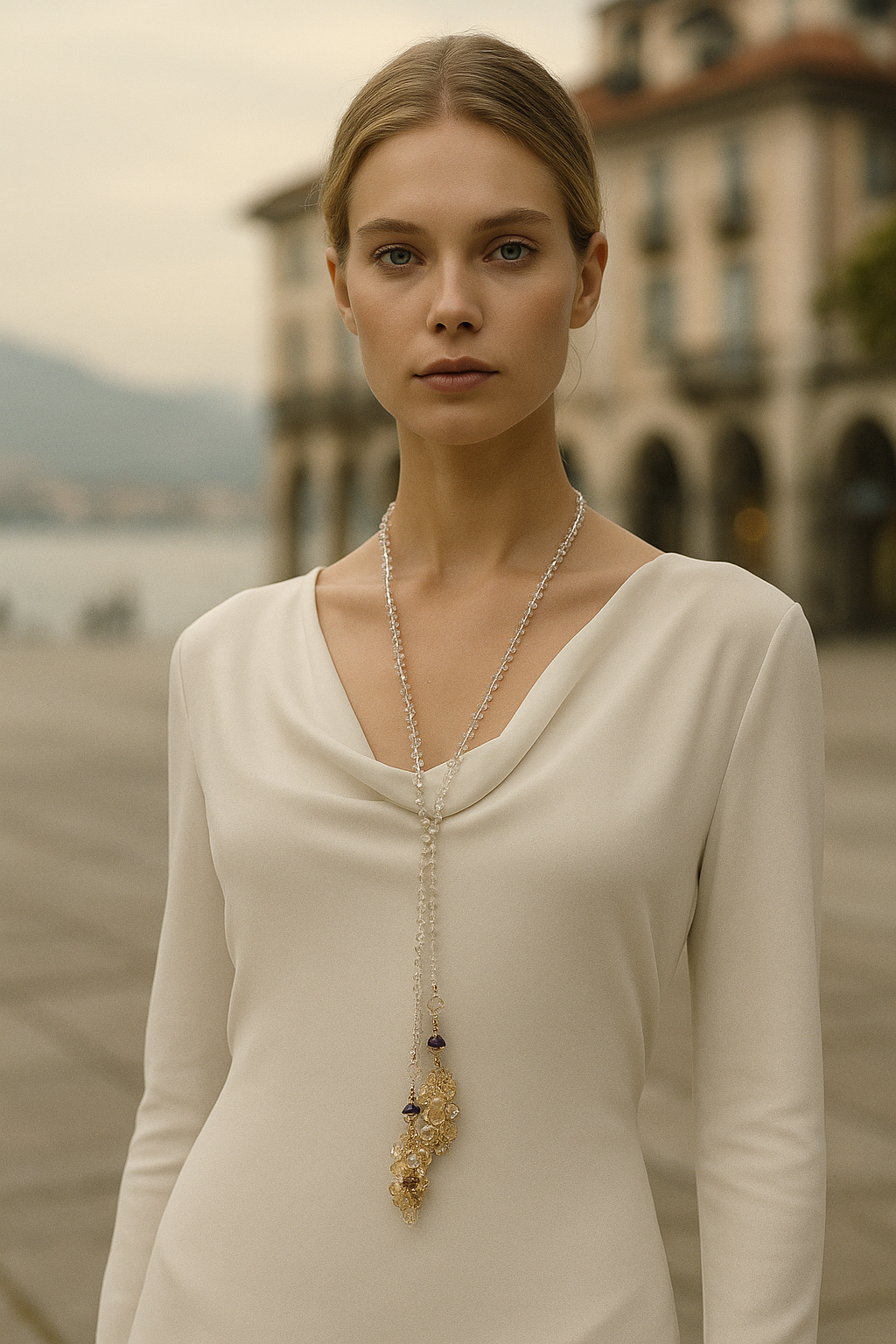 Mulher jovem com vestido branco e colar longo, em ambiente ao ar livre com edifícios ao fundo.
