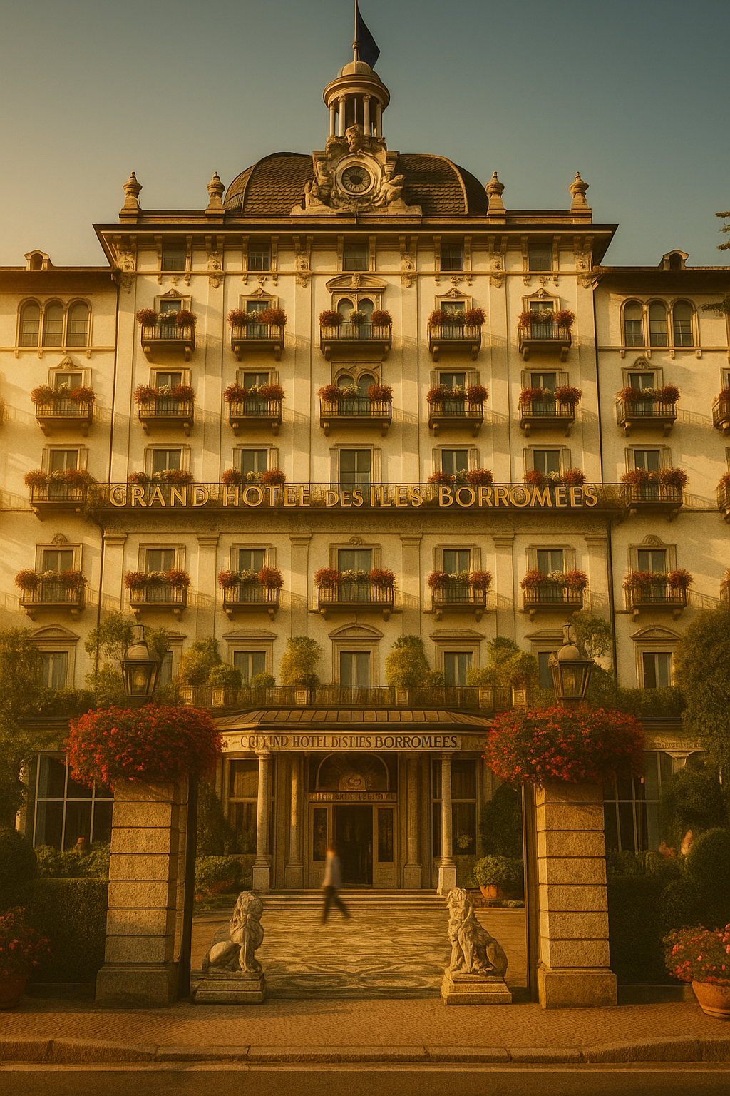 Fachada do Grande Hotel des Îles Borromées com várias janelas com vasos de flores na varanda, entrada principal com leões de pedra e luzes de rua ao redor.