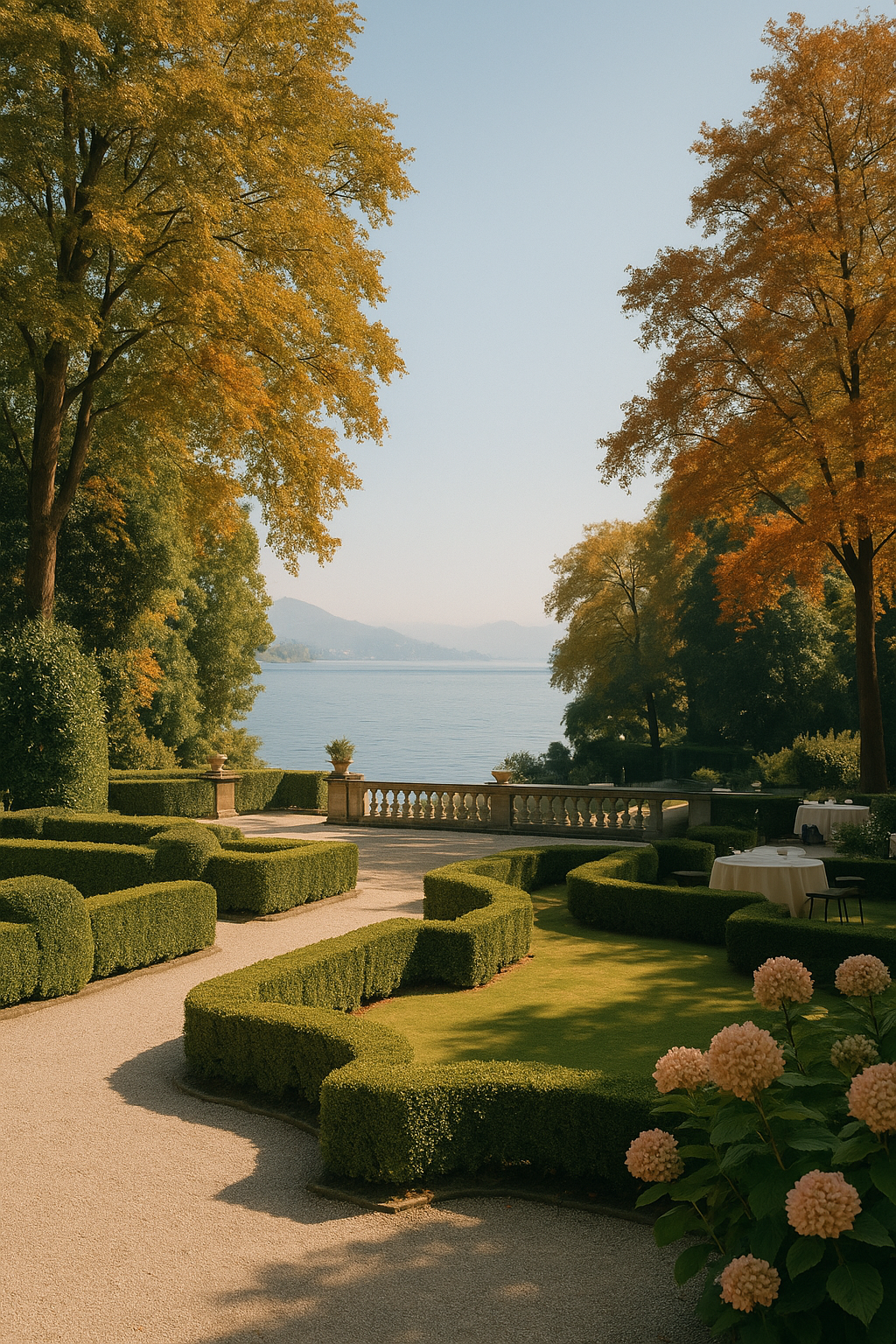 Jardim bem cuidado com arbustos bem aparados, árvores de outono ao lado de um lago ou rio, e mesas com toalhas brancas ao fundo, cenário tranquilo e ensolarado.