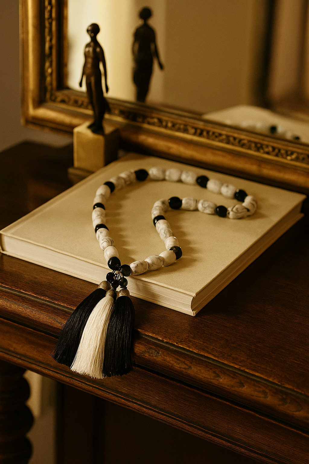 Colar de contas brancas e pretas com miçangas de tecido preto e branco, com pendurais de fios preto e branco, sobre uma mesa de madeira, com espelho ao fundo e uma escultura de duas figuras humanas ao lado.