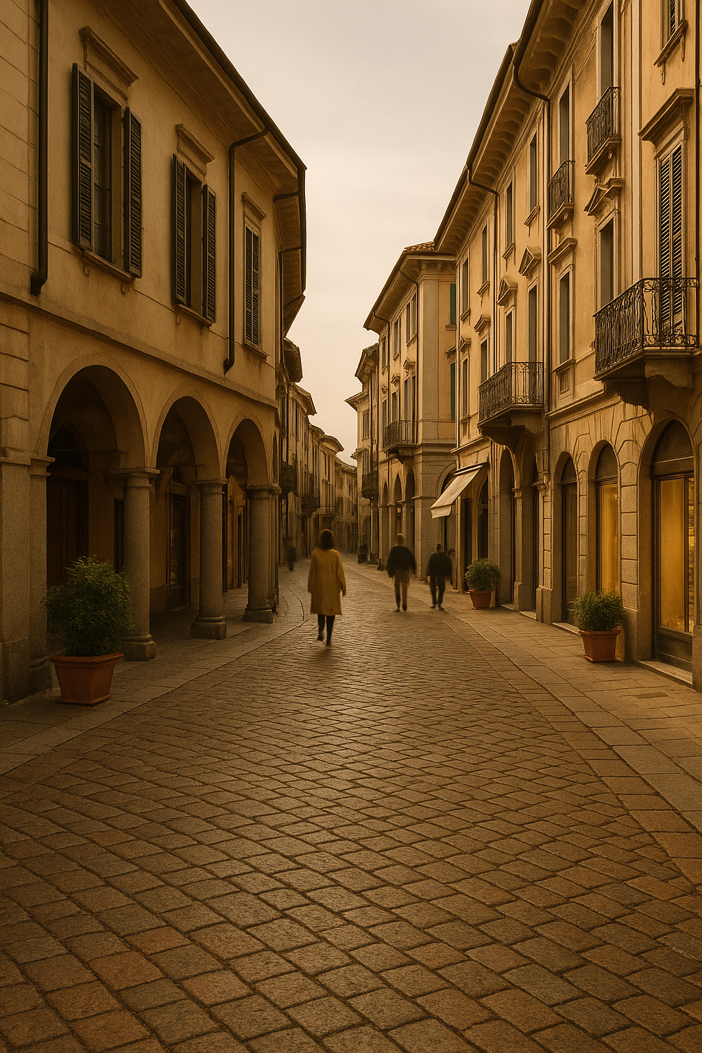 Rua de calçada de pedra com edifícios de fachada antiga e janelas com persianas, decorada com vasos de plantas, durante o pôr do sol.