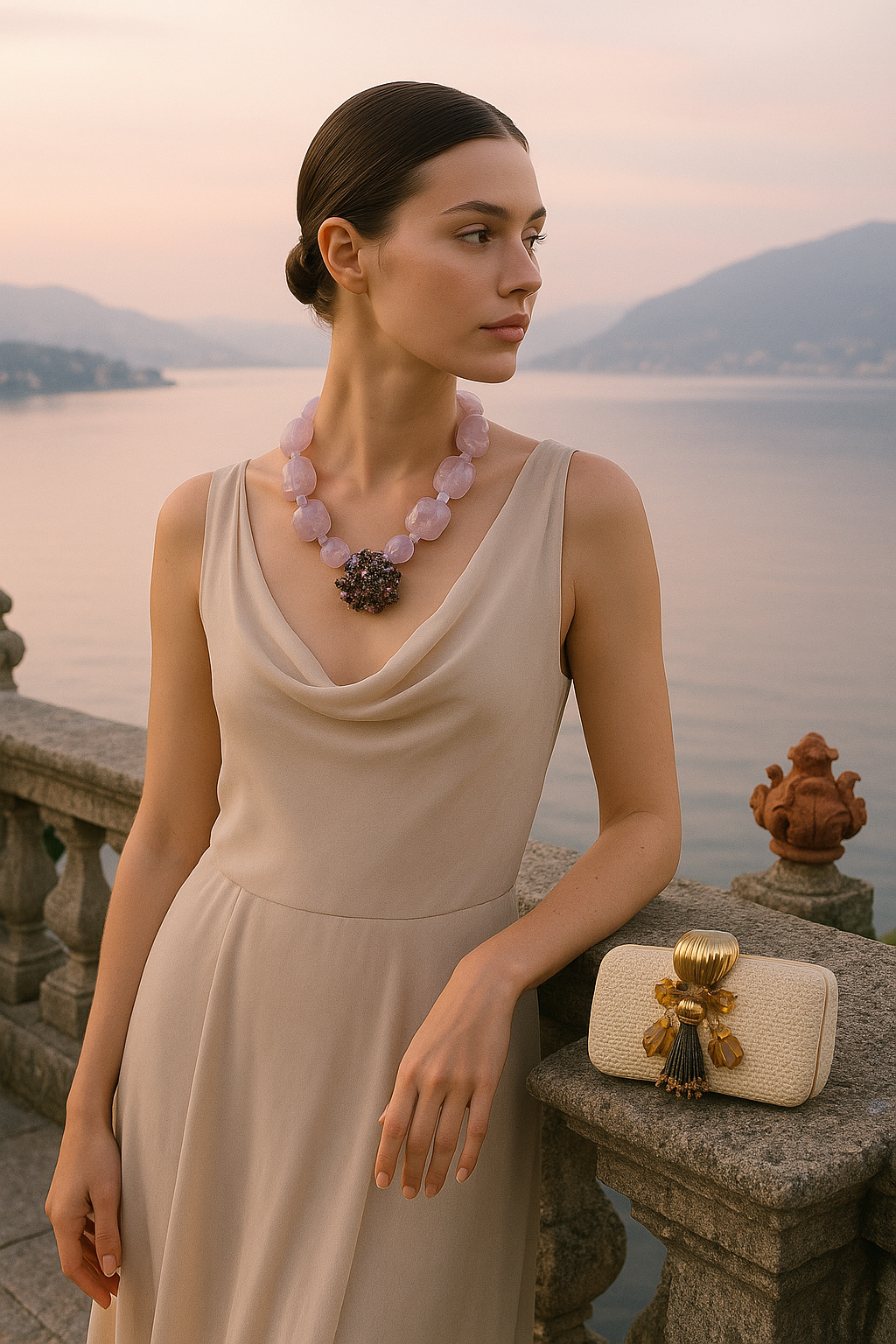 Mulher com vestido bege elegante, usando colar de pedras roxas e uma peça de bijuteria com detalhes dourados e pedras âmbar. Ela está apoiada em um parapeito de pedra, ao lado de uma bolsa branca com detalhes dourados e tassel, na orla de um lago ao 