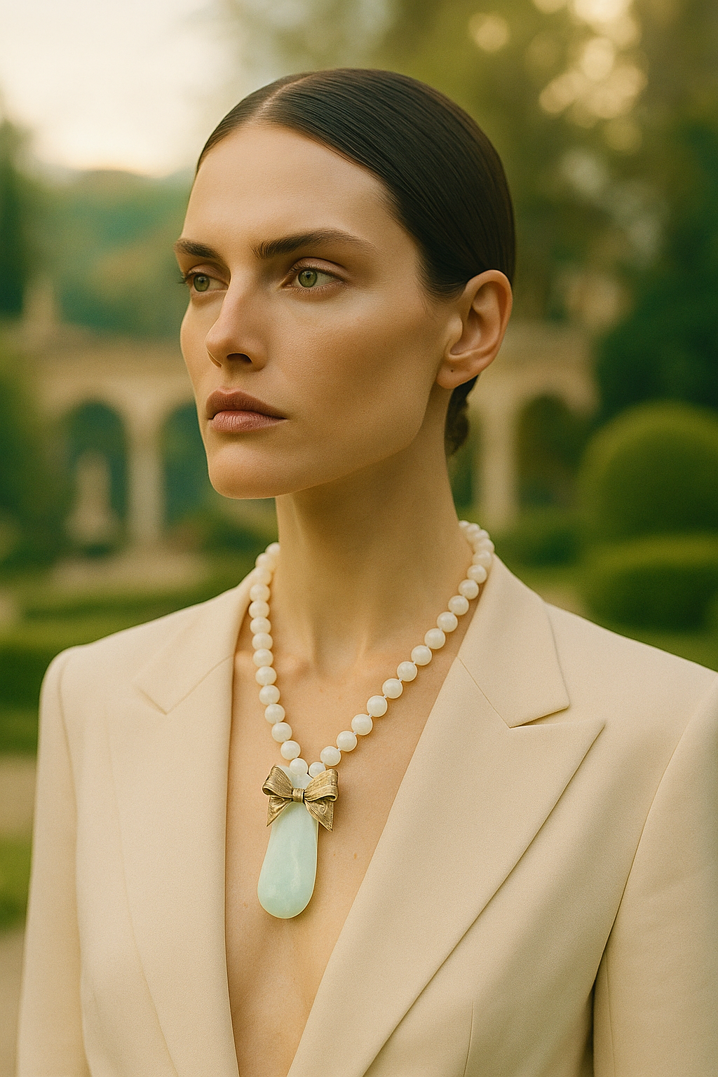 Mulher com cabelo escuro preso, usando blazer bege e colar de pérolas com pingente de jade e laço dourado na frente, em ambiente ao ar livre com árvores ao fundo.