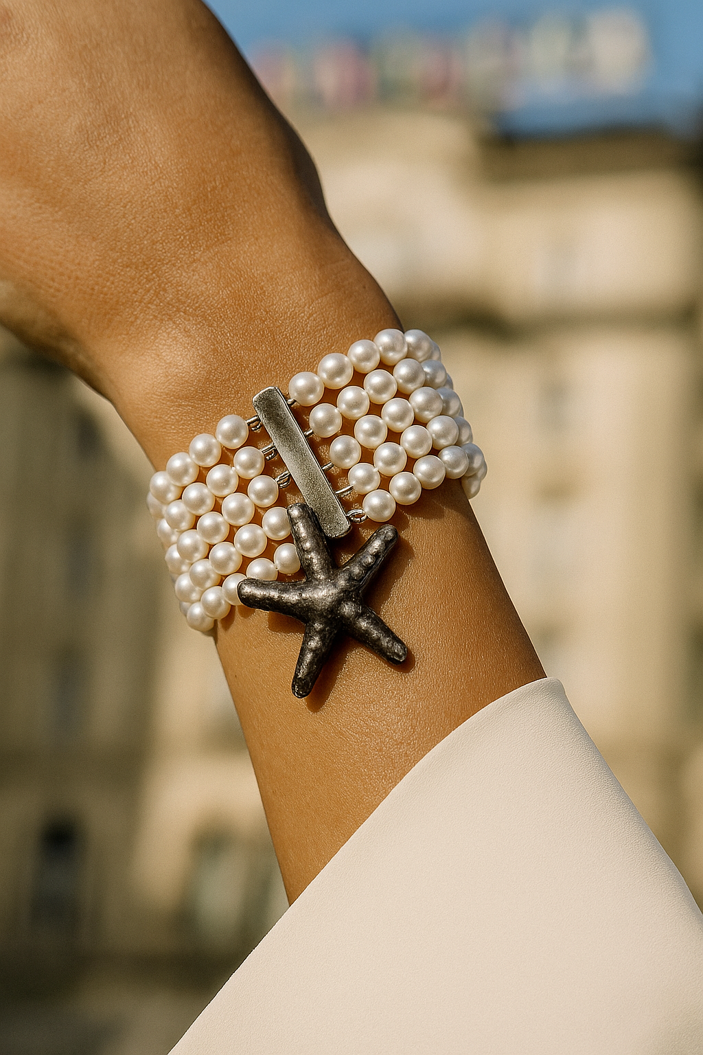 Pulseira de pérolas com estrela do mar metálica no pulso de uma pessoa.