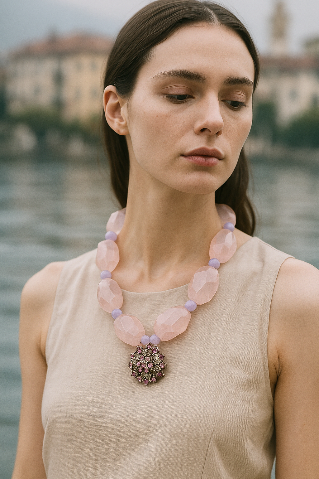 Retrato de uma mulher com cabelo castanho escuro, usando vestido bege e uma colar de maxi pedrarias rosa e lilás com um pingente flor enfeitado com pedras rosa e lilás, ao fundo um rio com edifícios ao redor.