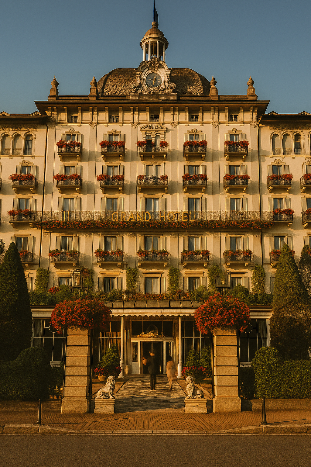Fachada de um hotel antigo com vários andares, janelas com cortinas, muitas flores em vasos nas sacadas, um relógio na torre central do telhado e uma entrada principal decorada com flores e árvores, sob luz do pôr do sol.