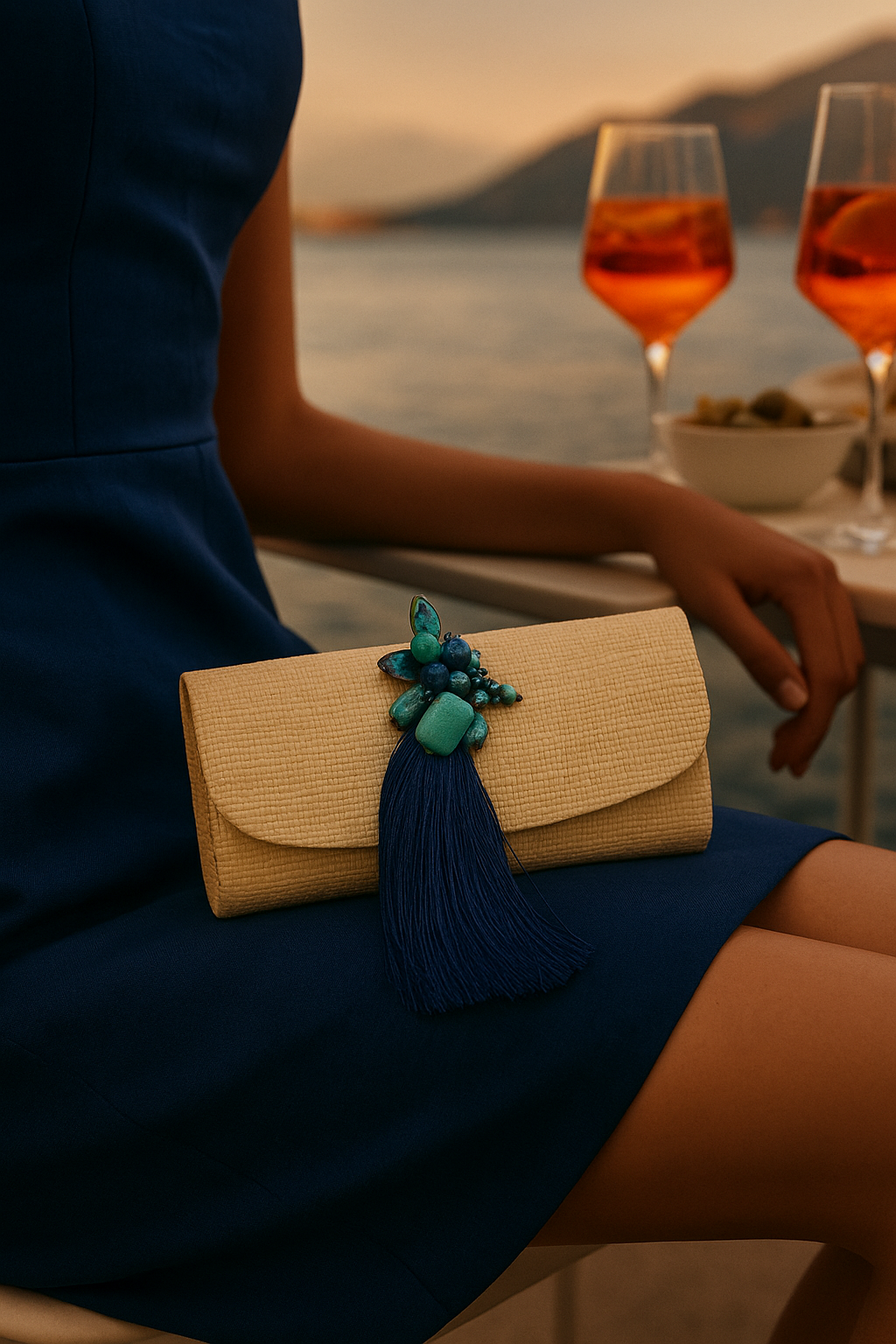 Mãos de uma mulher segurando uma bolsa amarelo claro com uma decorativa de pedras azuis e um tassel azul escuro, ao lado de uma mesa com taças de vinho rosé e uma tigela de petiscos, com vista para o mar ao pôr do sol.