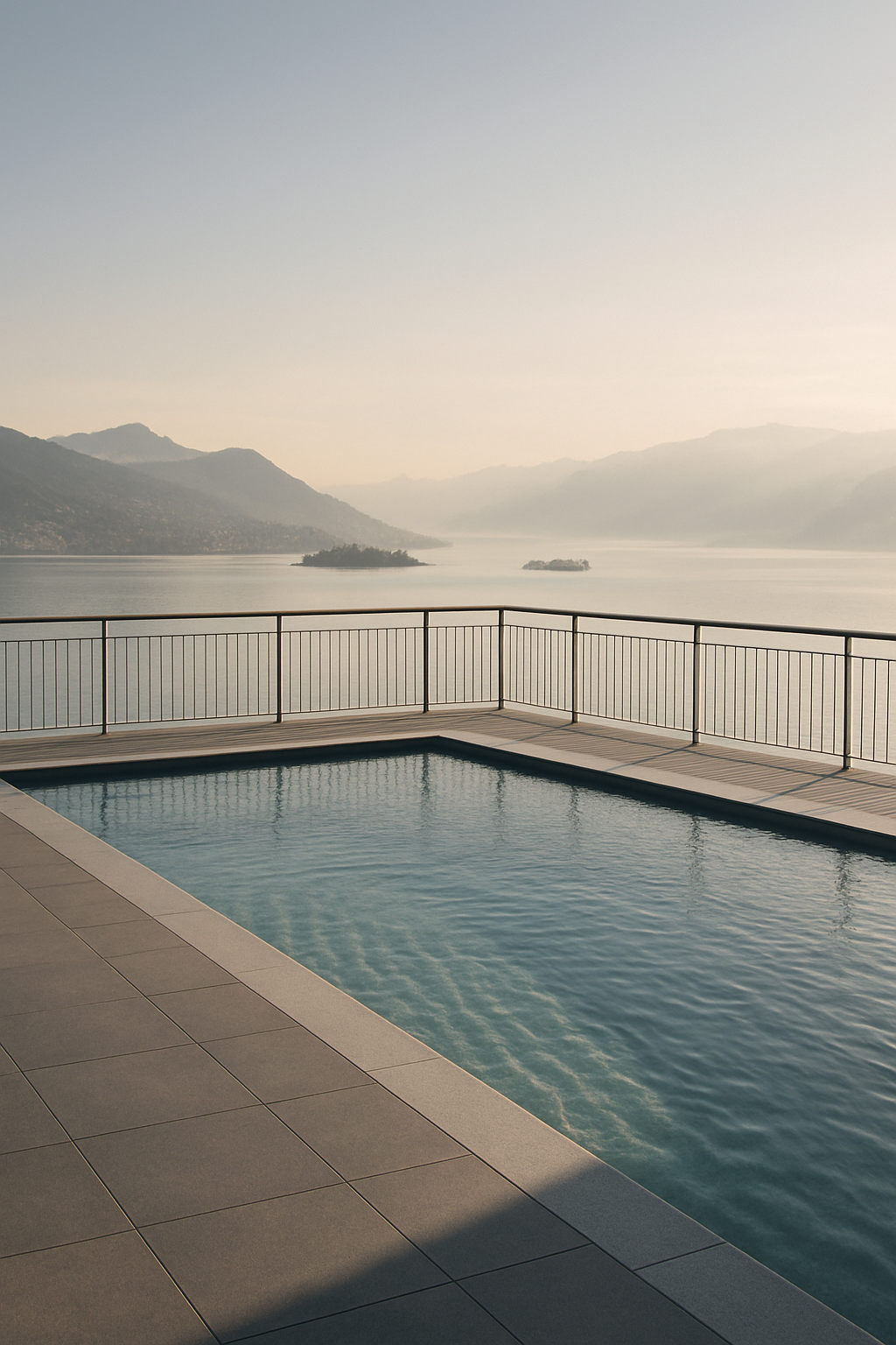 Piscina com vista para um lago ou rio, cercada por uma sacada com gradil, montanhas ao fundo e céu claro ao amanhecer ou entardecer.