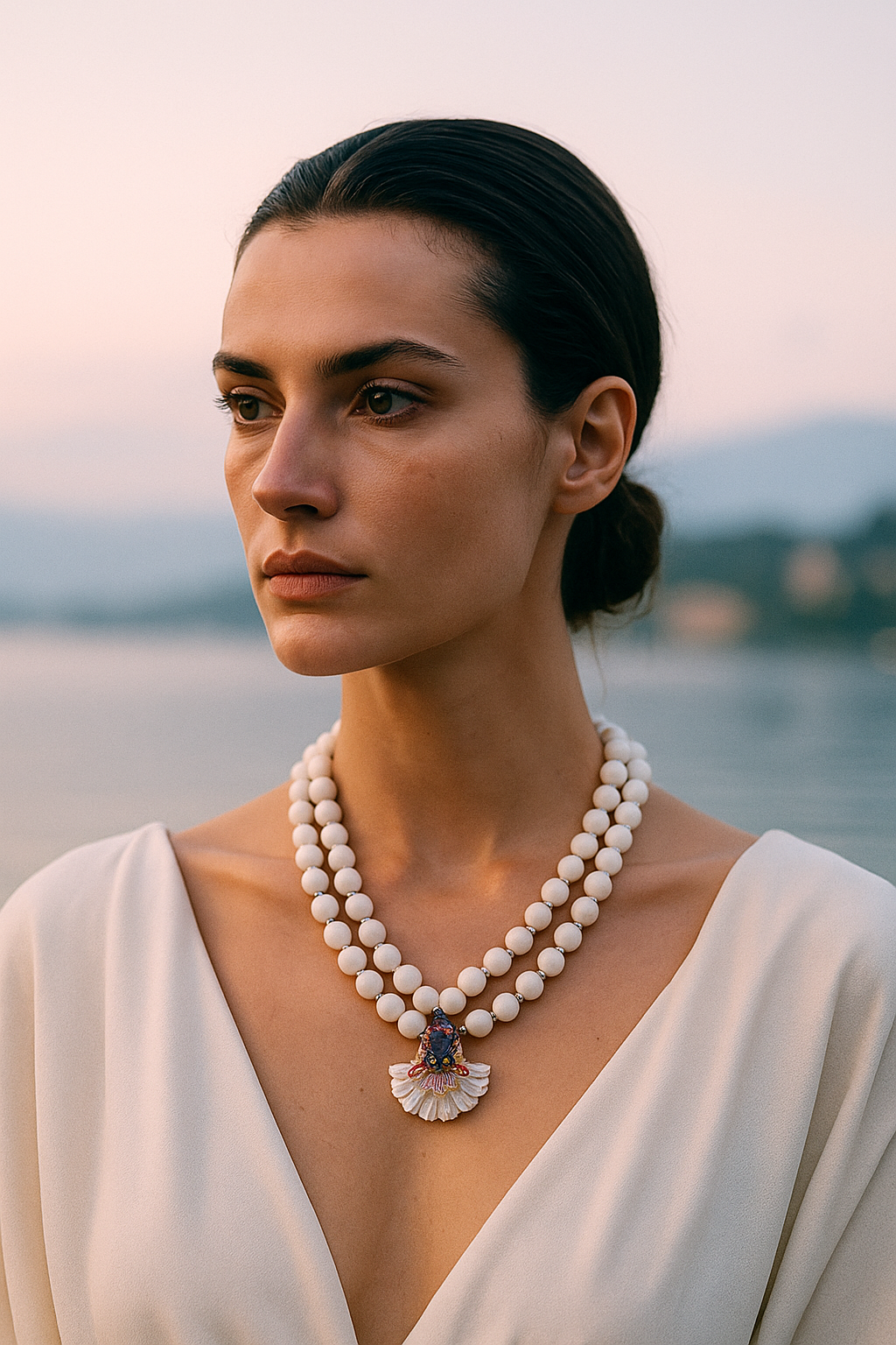 Mulher com pele clara, cabelo castanho escuro preso, vestindo blusa branca e colar de pérolas com um pingente decorativo, ao ar livre, próximo a um lago ou rio ao entardecer.