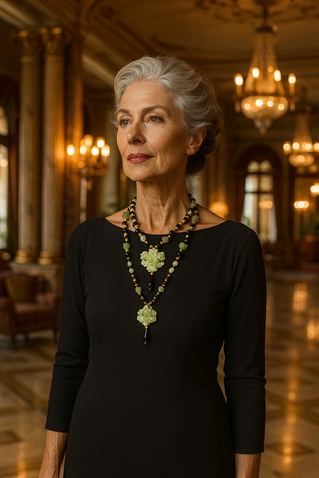 Mulher idosa com cabelo grisalho, vestida com vestido preto e usando colares decorativos de pedras verdes e pretas, posando em salão luxuoso com iluminação de chandeliers.