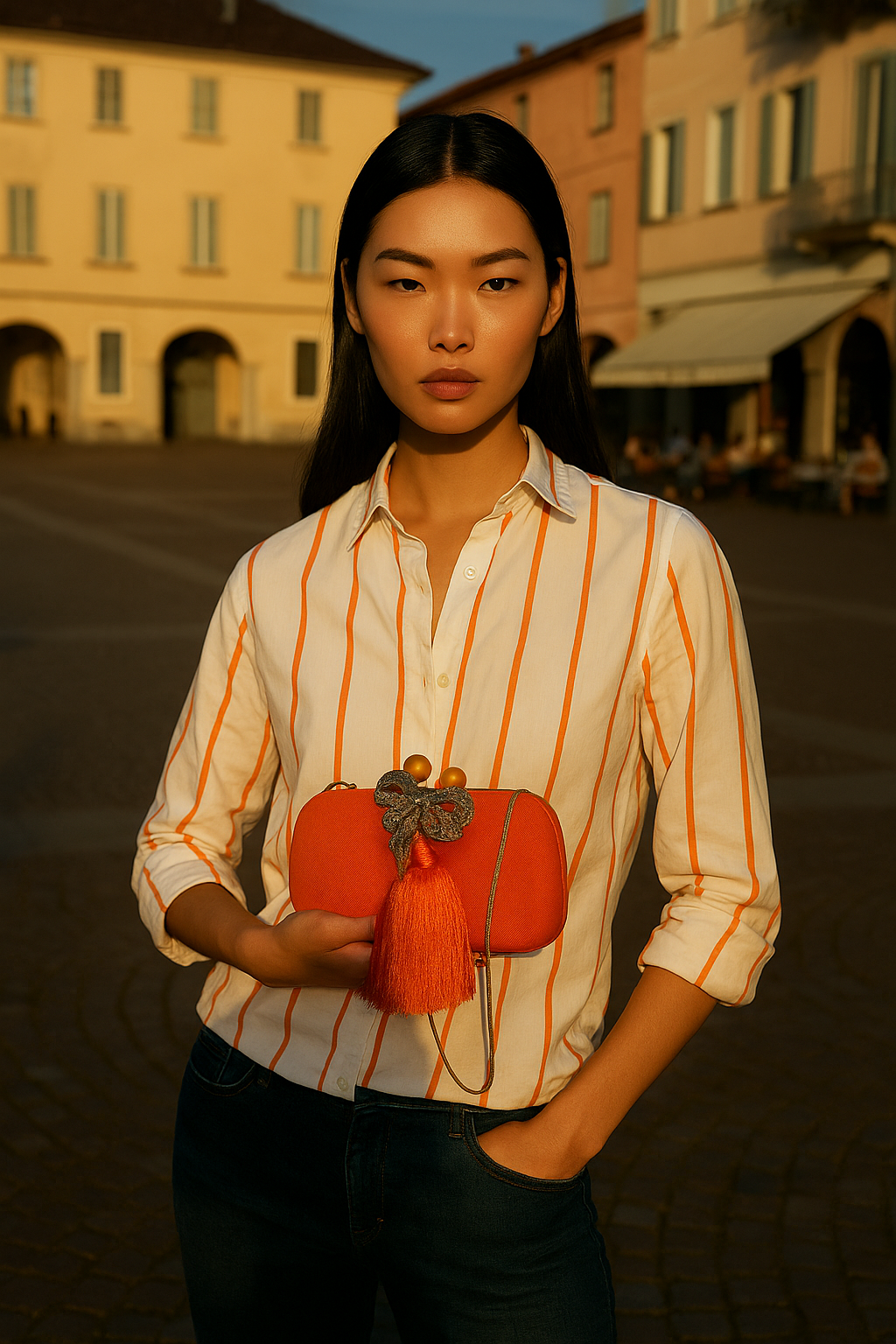 Mulher com cabelo preto liso, usando camisa branca com listras laranja, segurando uma carteira vermelha com decoração de laço cinza e detalhe de pompom laranja, em uma rua ao entardecer.