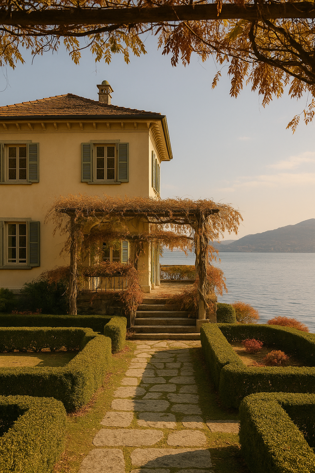 Casa de tijolos com janelas de forma retangular, vista para um lago ao fundo, ao lado de uma escadaria com path de pedra, cercada de arbustos bem cuidados e uma estrutura de madeira coberta por trepadeiras com folhas em tons dourados
