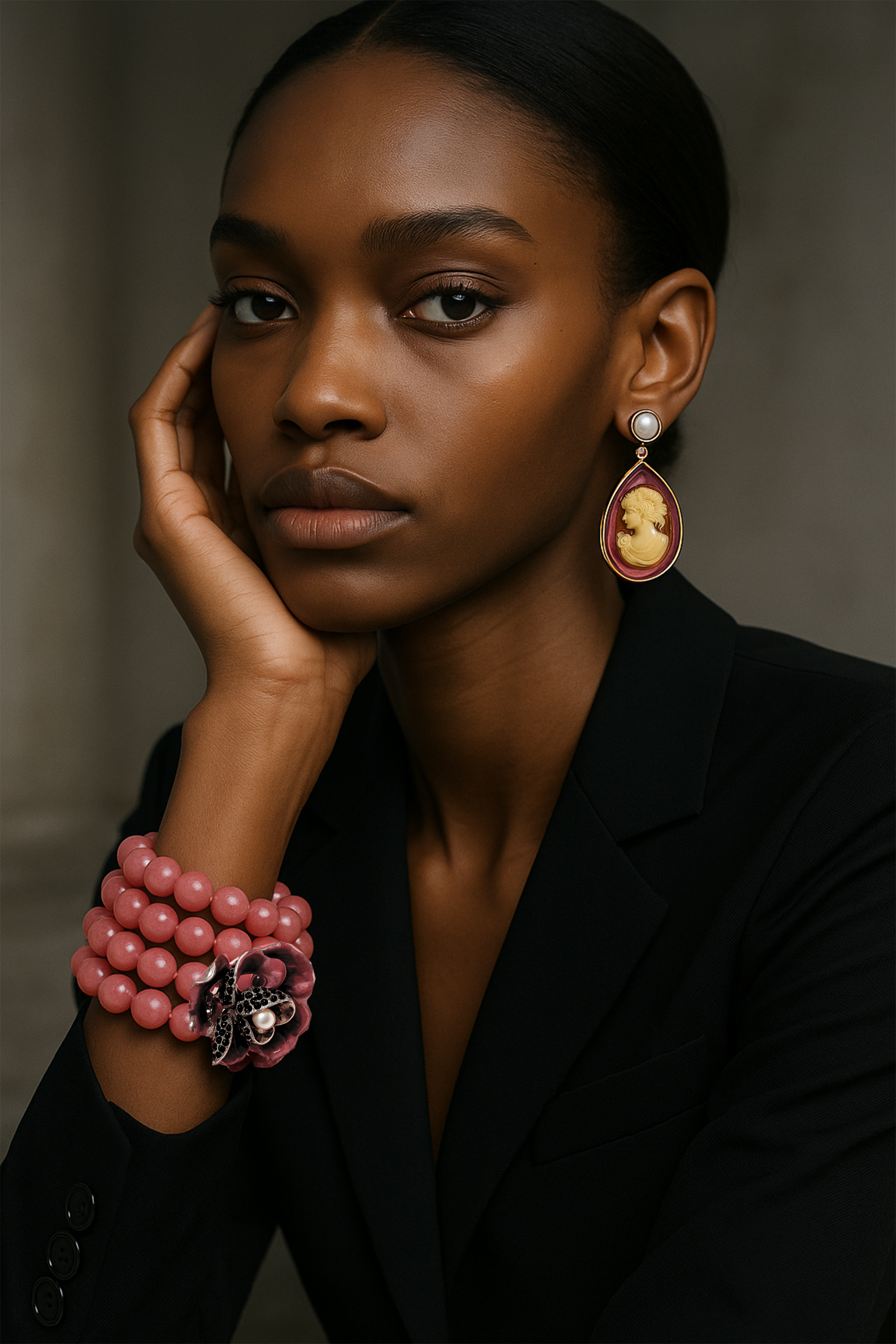 Retrato de uma mulher negra com cabelo preso, usando brincos de pérola com um pingente de relevo de uma mulher com penteado antigo, uma pulseira de bolinhas rosa e uma roupa preta. Ela tem expressão séria, com a mão apoiada no rosto.