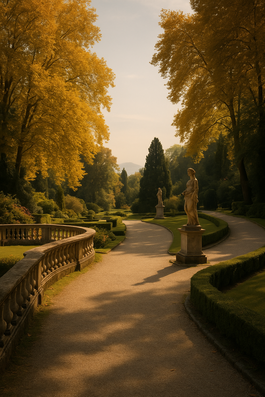Jardim de estilo clássico com estátuas de mármore, árvores com folhas douradas e caminho de pedestres ao entardecer.