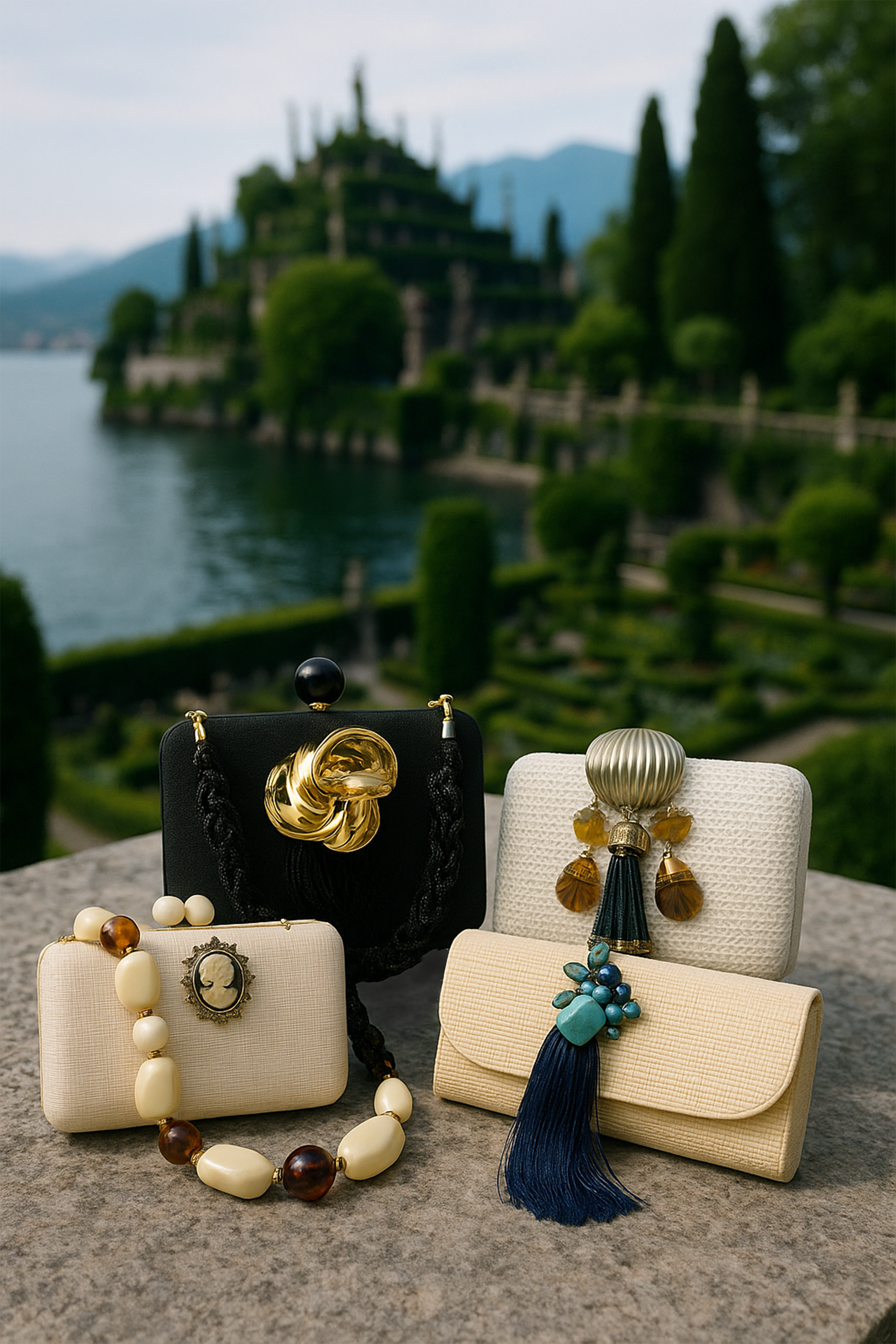 Coleção de bolsas e acessórios com fundo de paisagem de jardim com árvores, lago e edifício antigo.