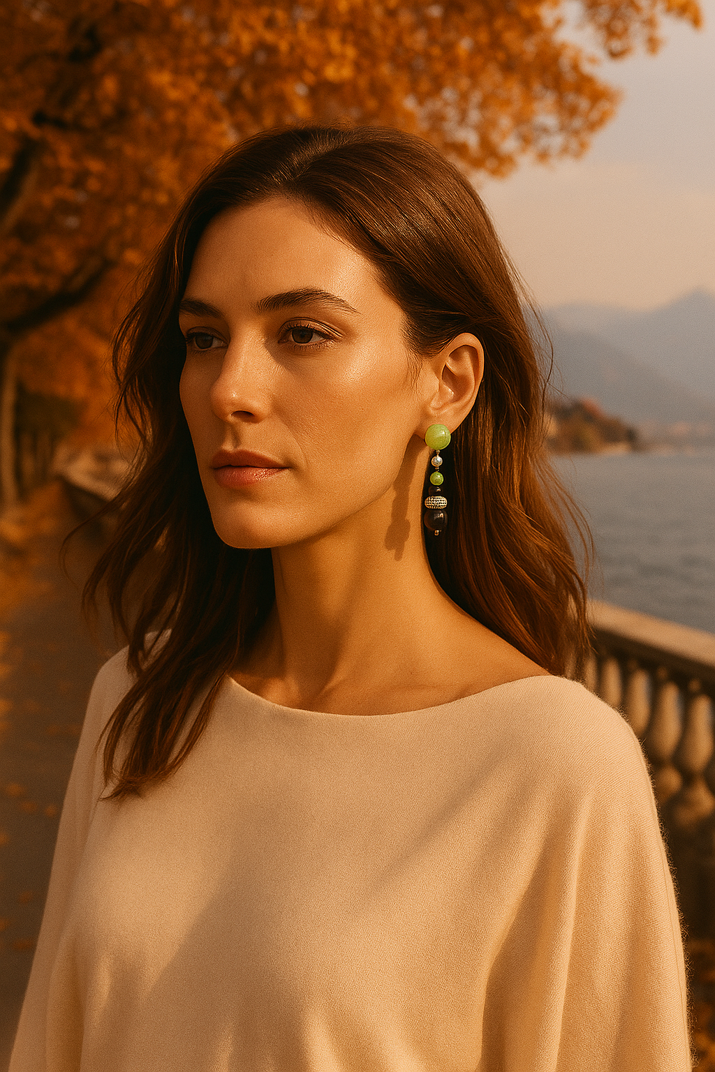 Retrato de uma mulher com cabelo castanho, usando um suéter bege e brincos pendurados, caminhando ao lado de um lago com árvores de folhas douradas ao fundo.