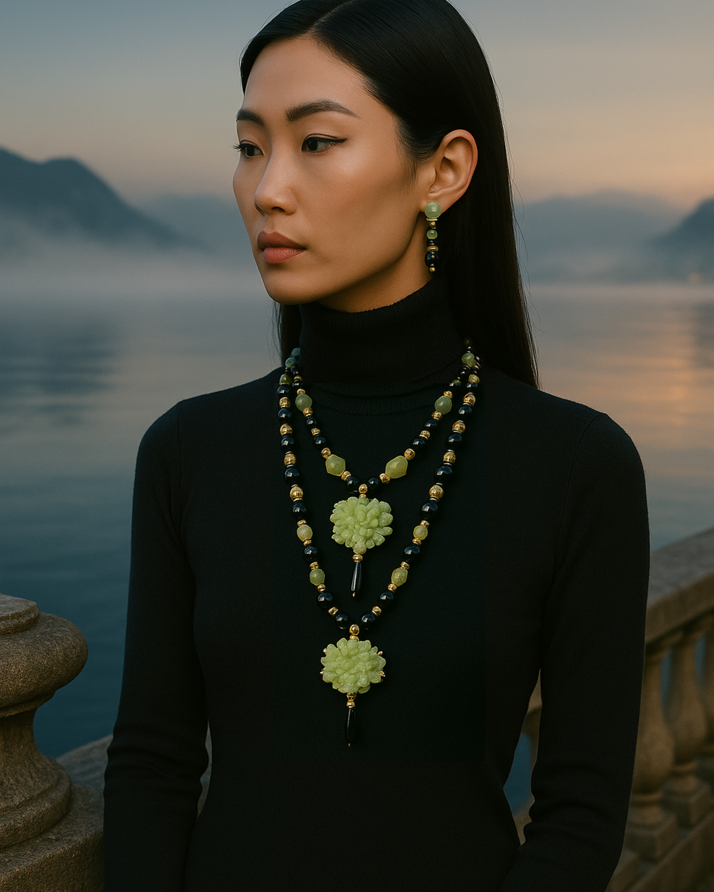 Mulher usando roupas pretas e joias verdes e azuis, parada perto de um lago com montanhas ao fundo ao entardecer.