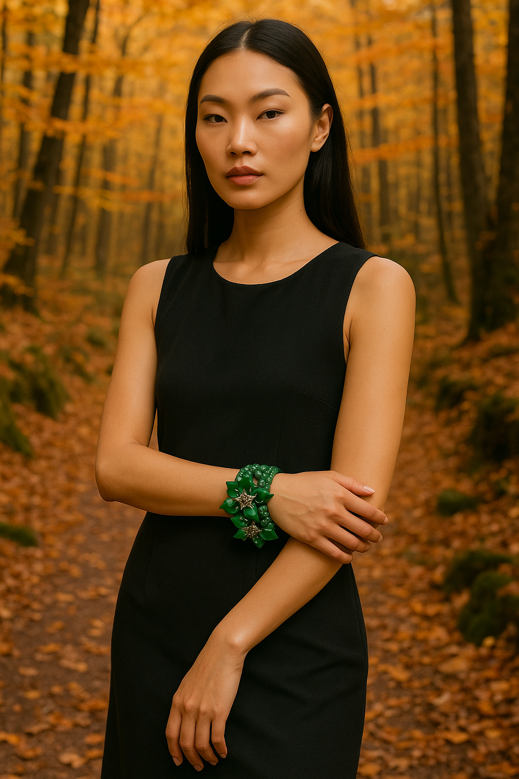 Mulher de pele clara, cabelo preto liso longo, vestindo vestido preto, com uma pulseira de joias verdes, em uma floresta de outono com árvores de folhas amarelas e laranjas.