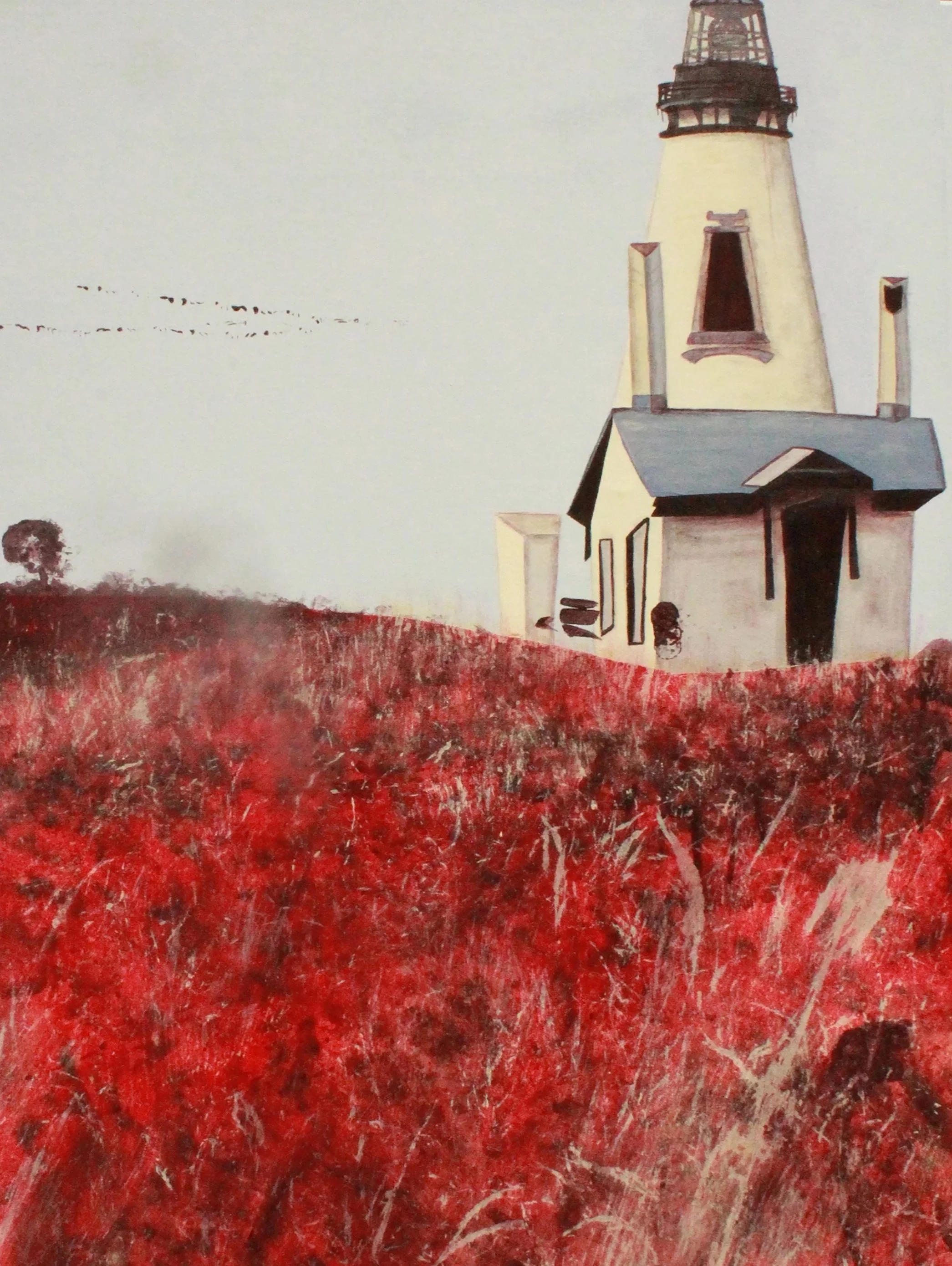 Painting of lighthouse on a hill with red grass under a cloudy sky