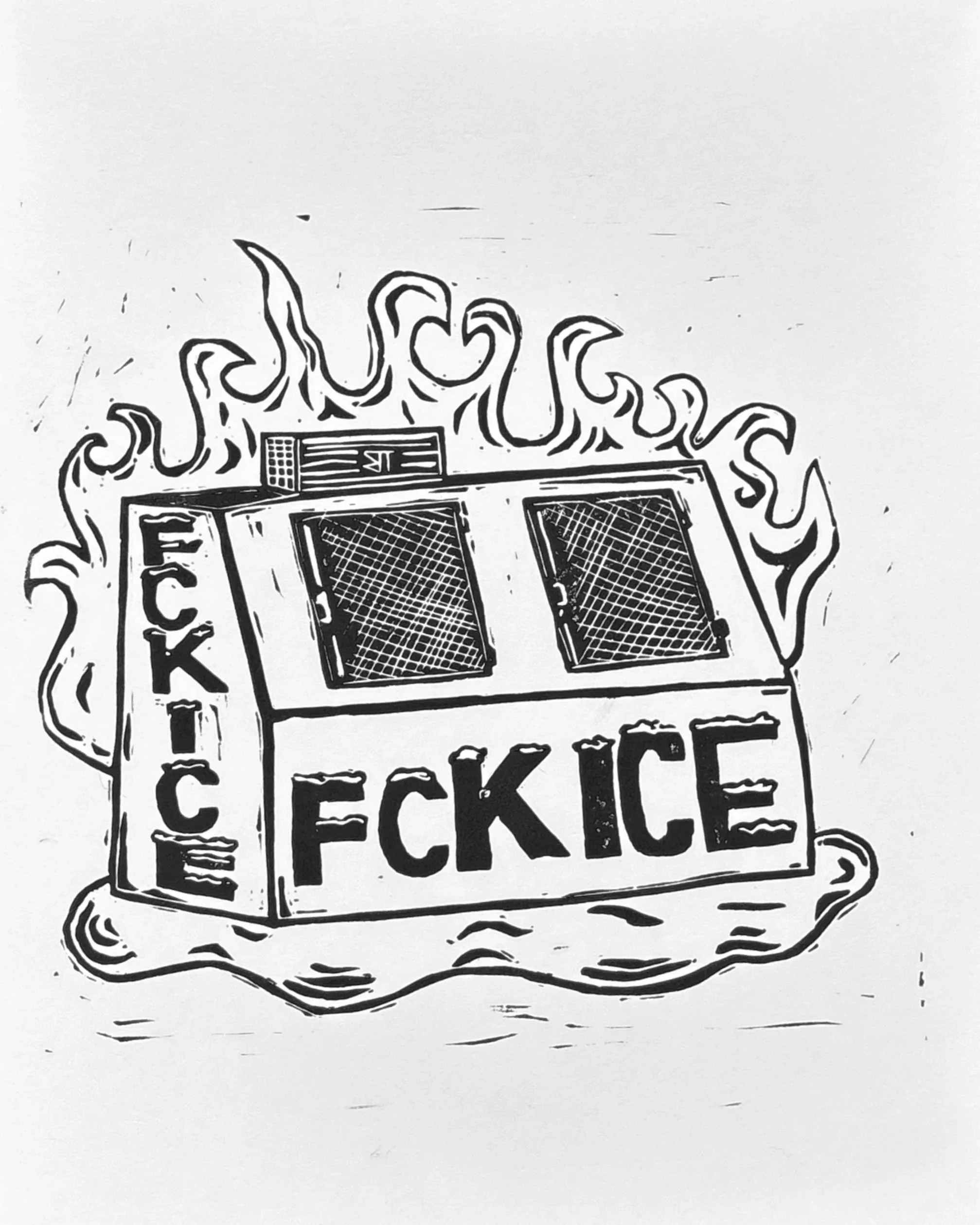 Ice machine that says "FCK ICE" that is on fire and melting.