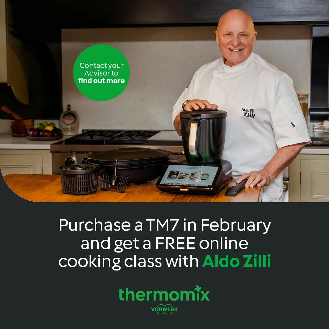 The image promotes a February offer for a free online cooking class with Aldo Zilli by purchasing a Thermomix TM7.