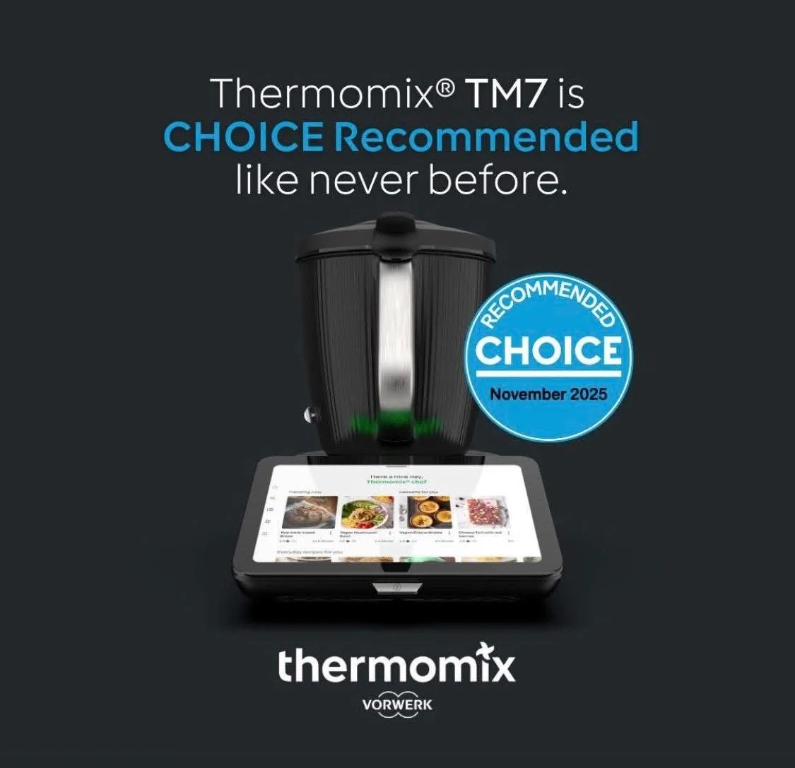 Advertisement for the Thermomix TM7 kitchen appliance, highlighting its recommended status for November 2025. Best product in UK and Ireland